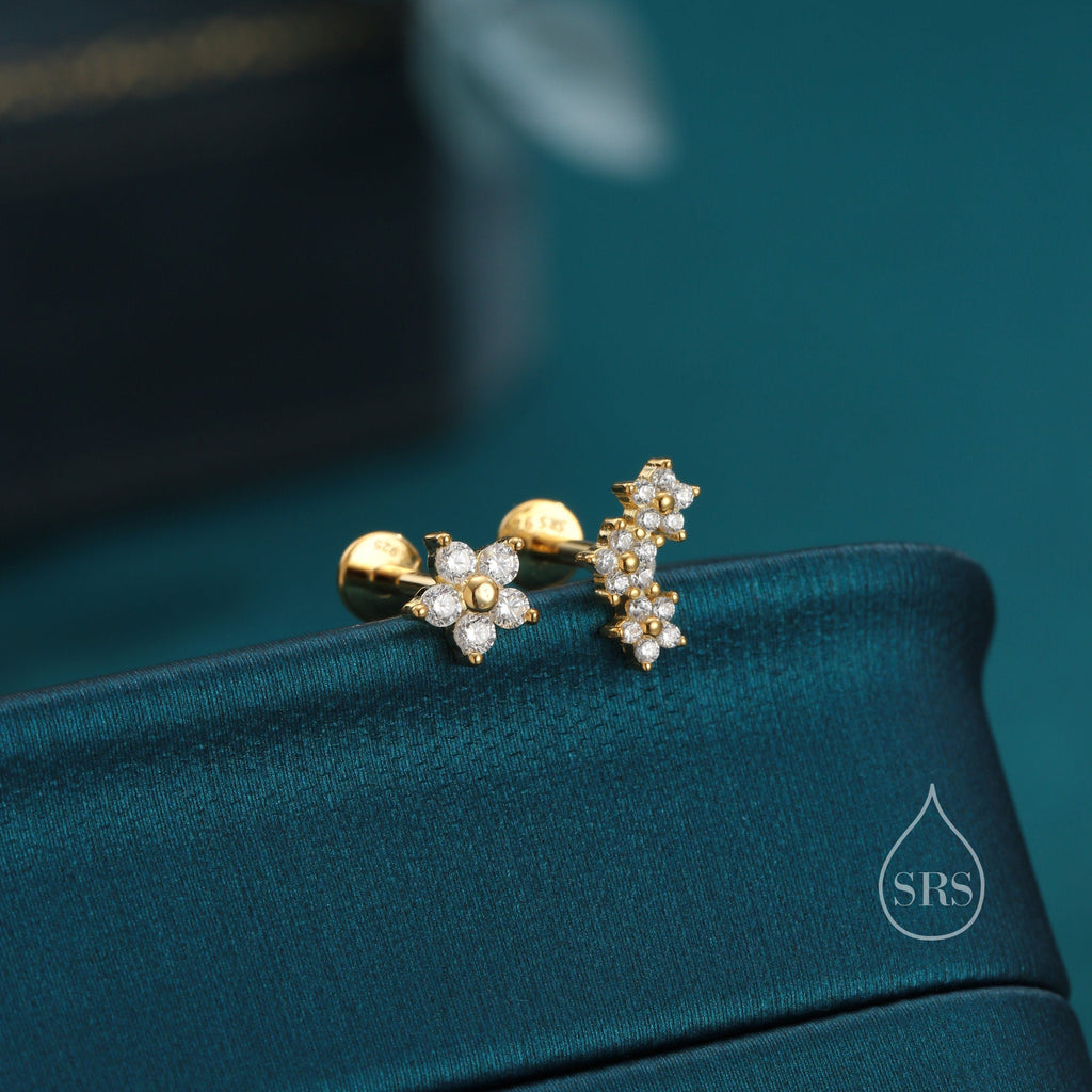 Internally Threaded Asymmetric Forget Me Not Flower Bouquet Flat Back Earrings in Sterling Silver, Silver, Gold or Rose Gold,
