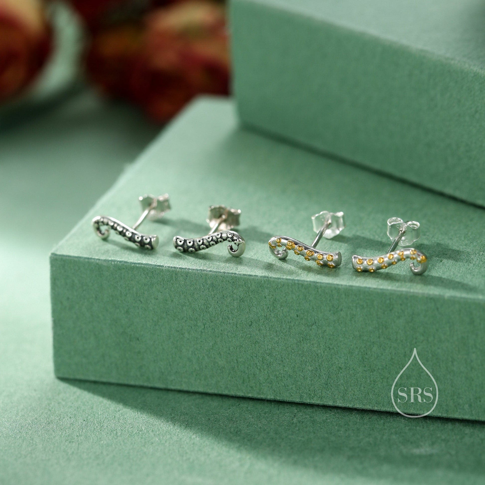 Octopus Tentacle Stud Earrings in Sterling Silver, Silver or Gold,  Dainty Earrings, Nature Inspired Animal Earrings, Stacking Earrings