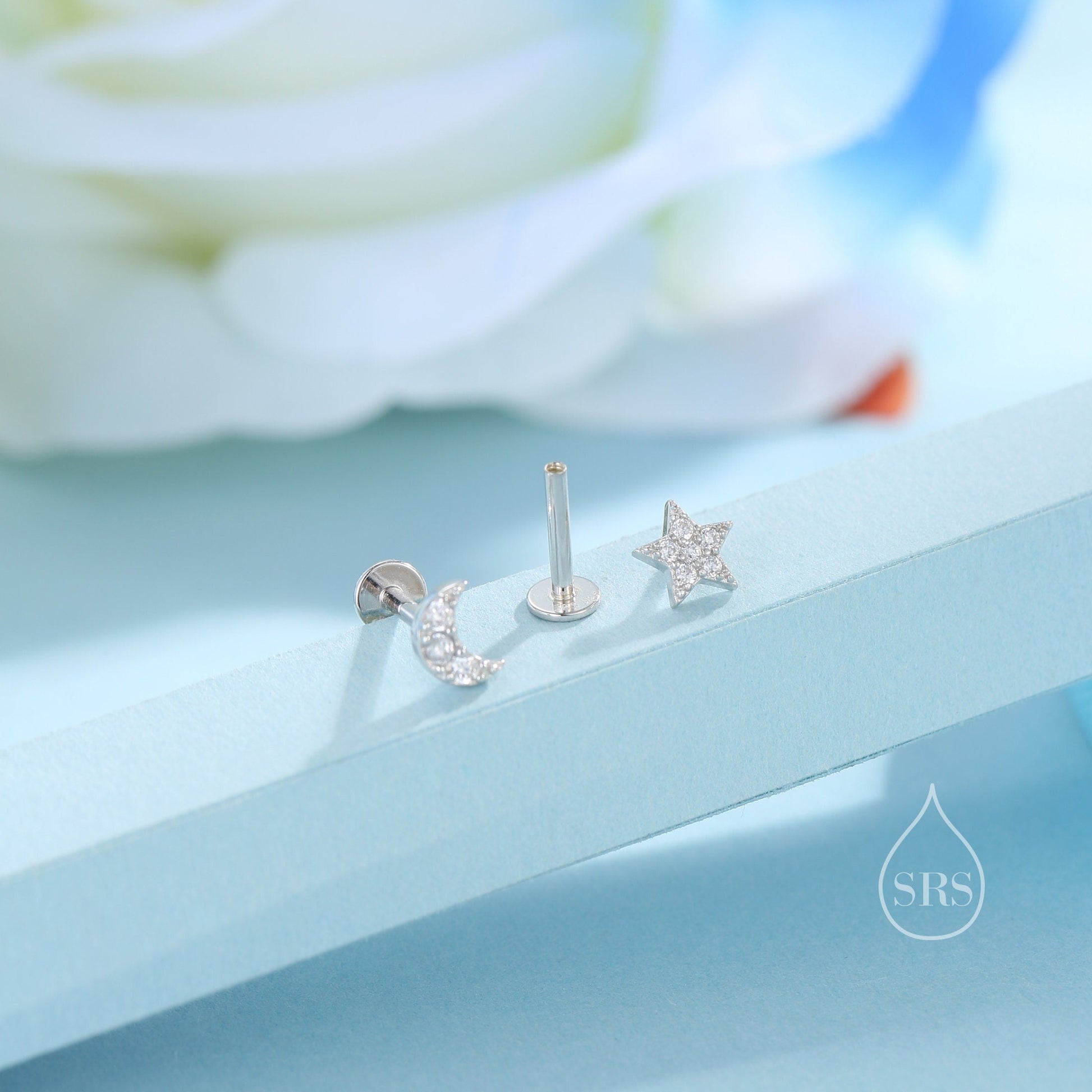 Tiny Mismatched Moon and Star Internally Threaded Flat Back/Screw back(Barbell)/ Stud Earrings in Sterling Silver, Piercing Jewellery