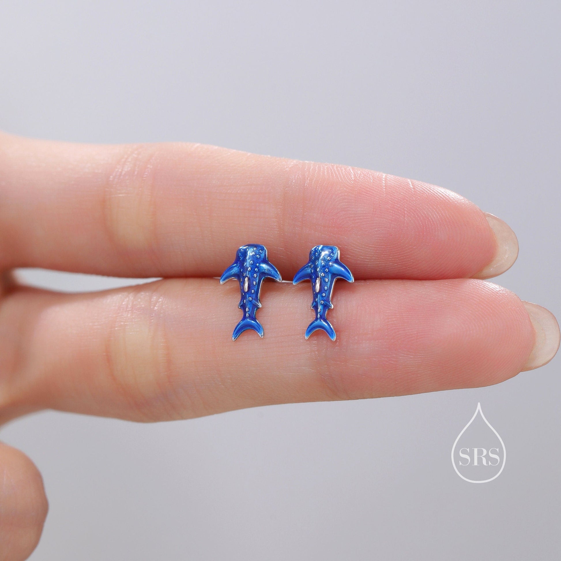 Very Tiny Whale Shark Stud Earrings in Sterling Silver with Hand Painted Enamel, Cute Whale Shark Earrings