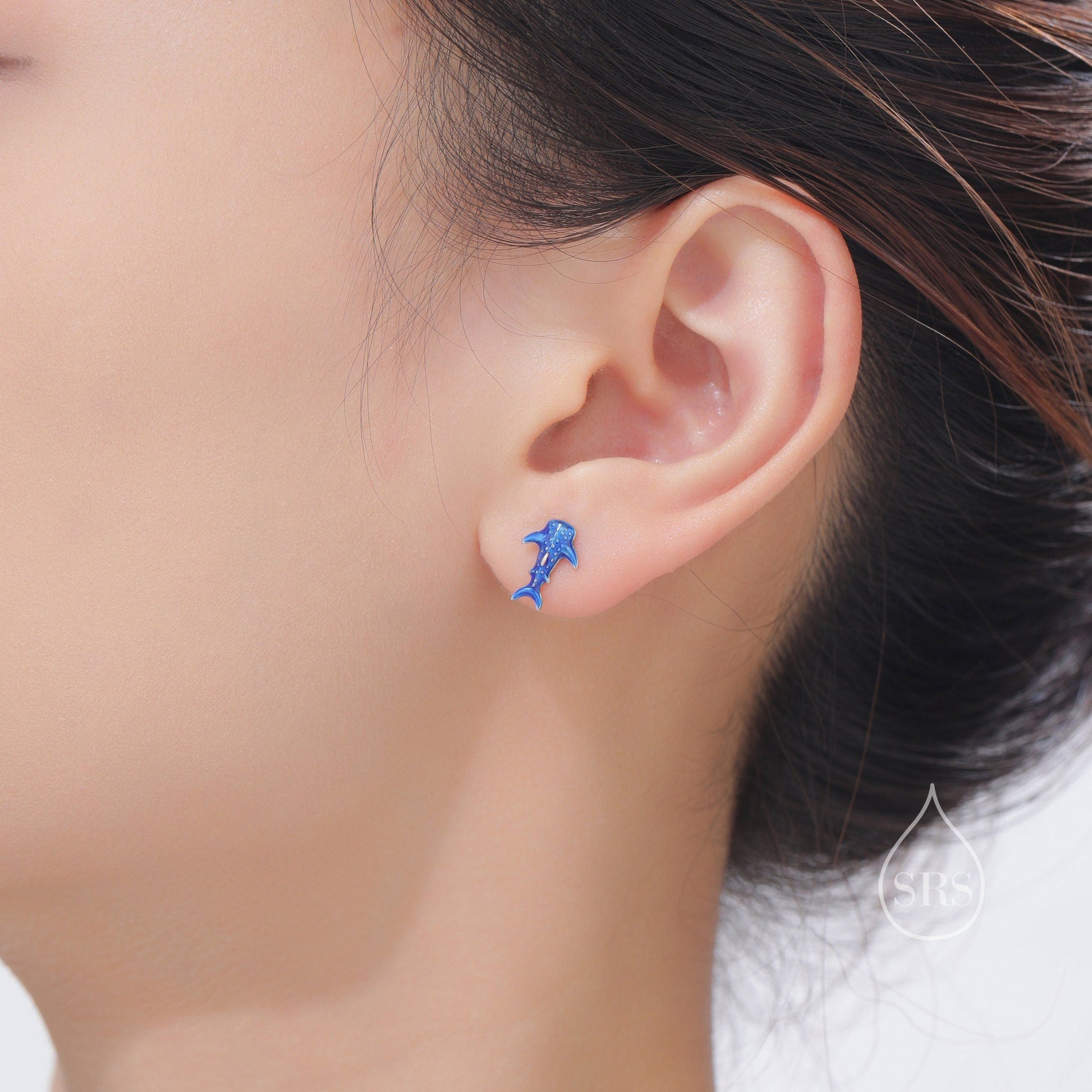 Very Tiny Whale Shark Stud Earrings in Sterling Silver with Hand Painted Enamel, Cute Whale Shark Earrings