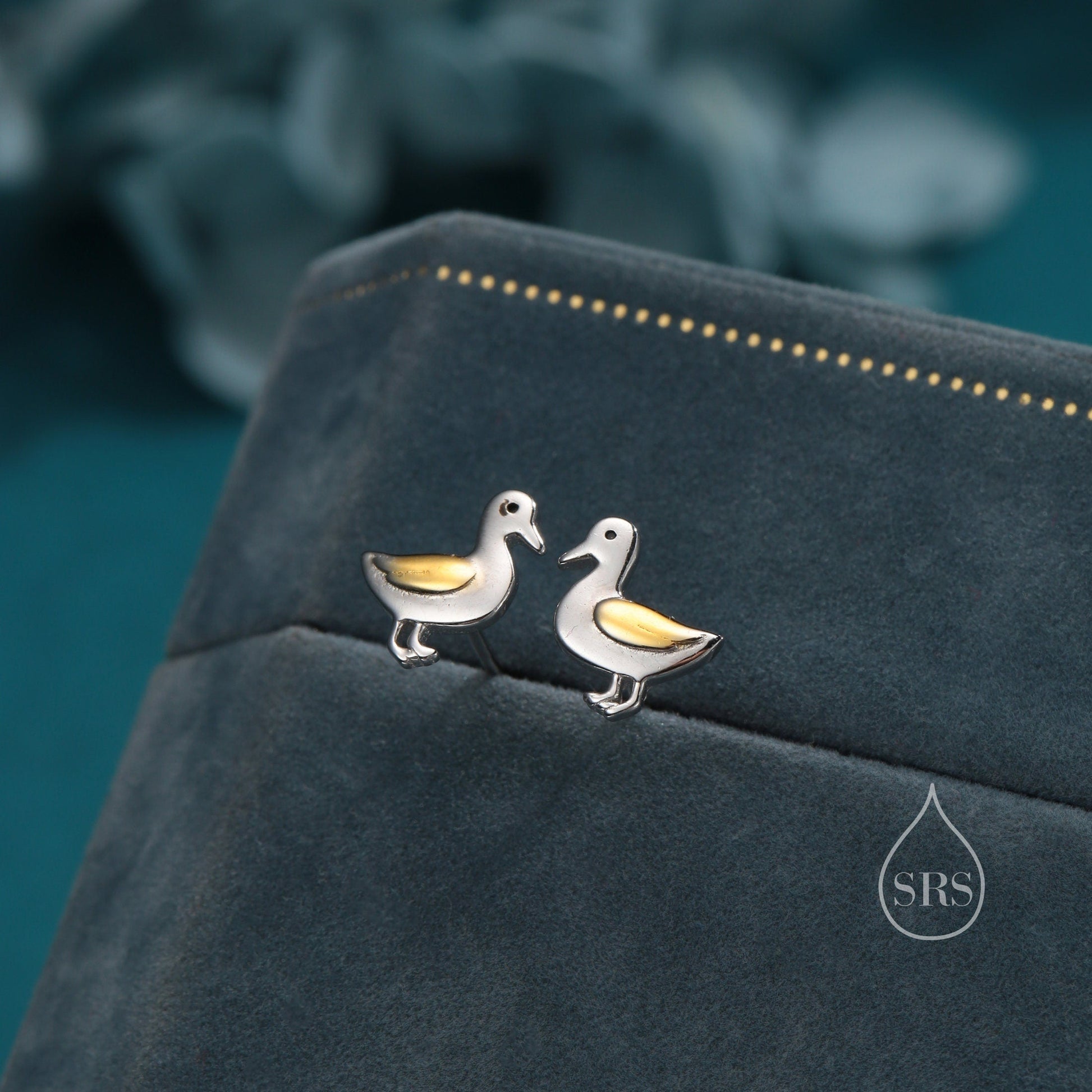 Cute Duck Stud Earrings in Sterling Silver, Bird Earrings, Two Tone Duck Earrings, Cute Duck Earrings