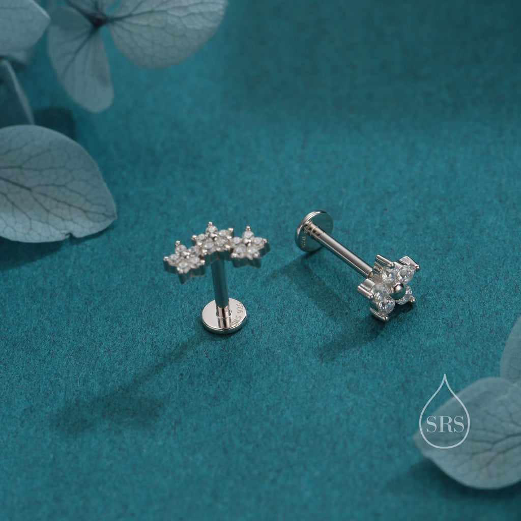 Internally Threaded Asymmetric Forget Me Not Flower Bouquet Flat Back Earrings in Sterling Silver, Silver, Gold or Rose Gold,