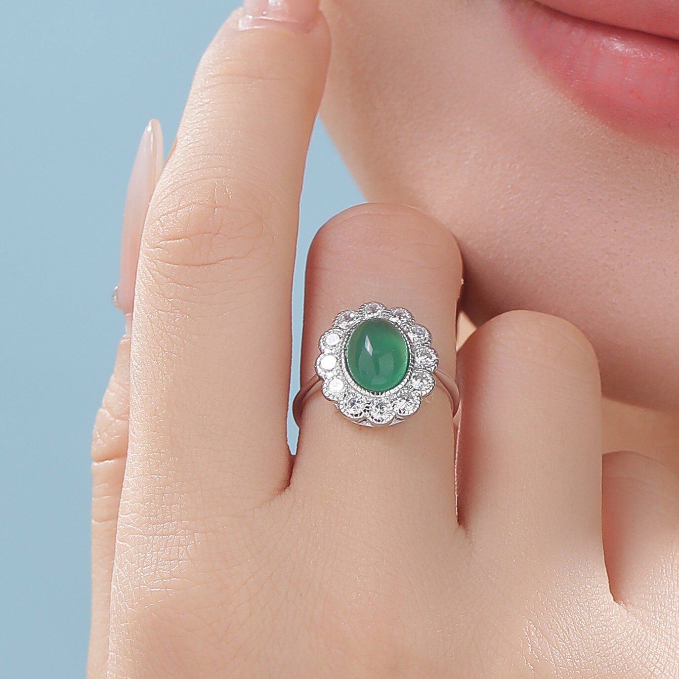 Sterling Silver Vintage Inspired Green Onyx CZ Ring, Adjustable Size,  Natural Green Onyx Ring, Vintage Style Onyx Ring
