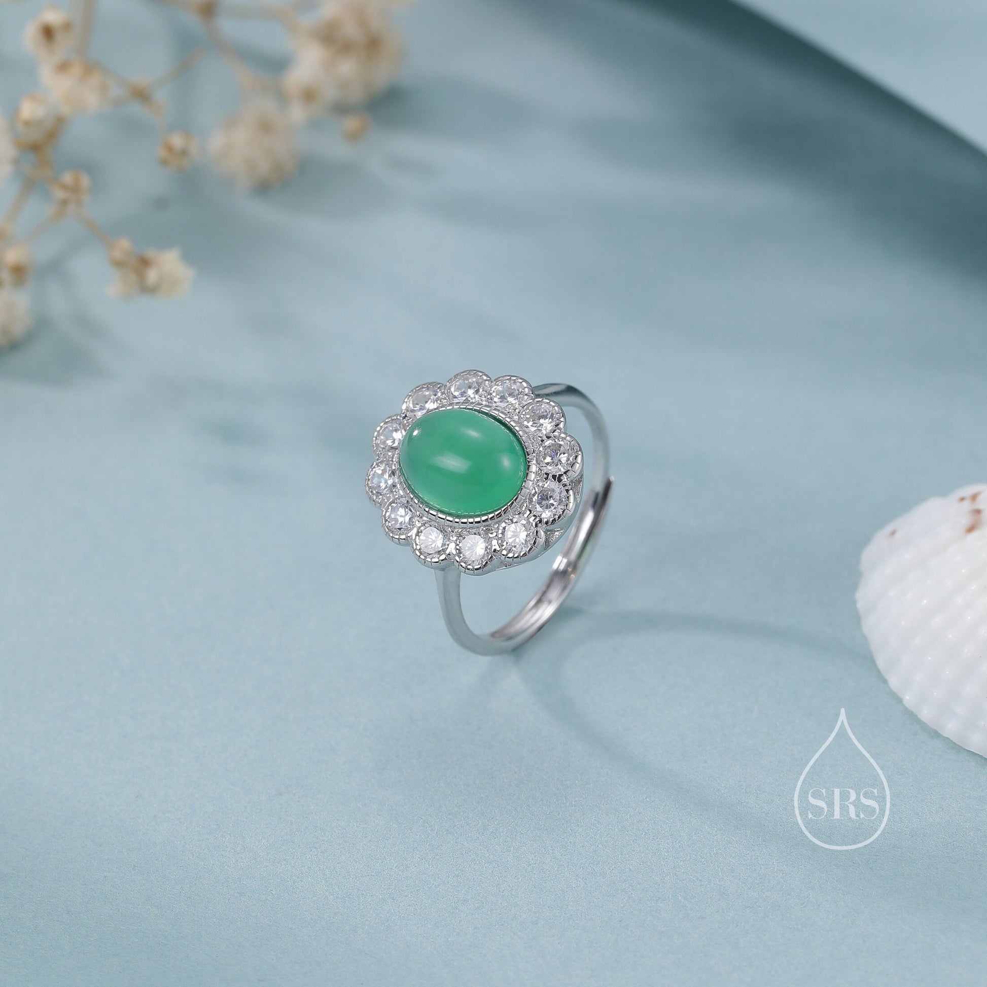 Sterling Silver Vintage Inspired Green Onyx CZ Ring, Adjustable Size,  Natural Green Onyx Ring, Vintage Style Onyx Ring