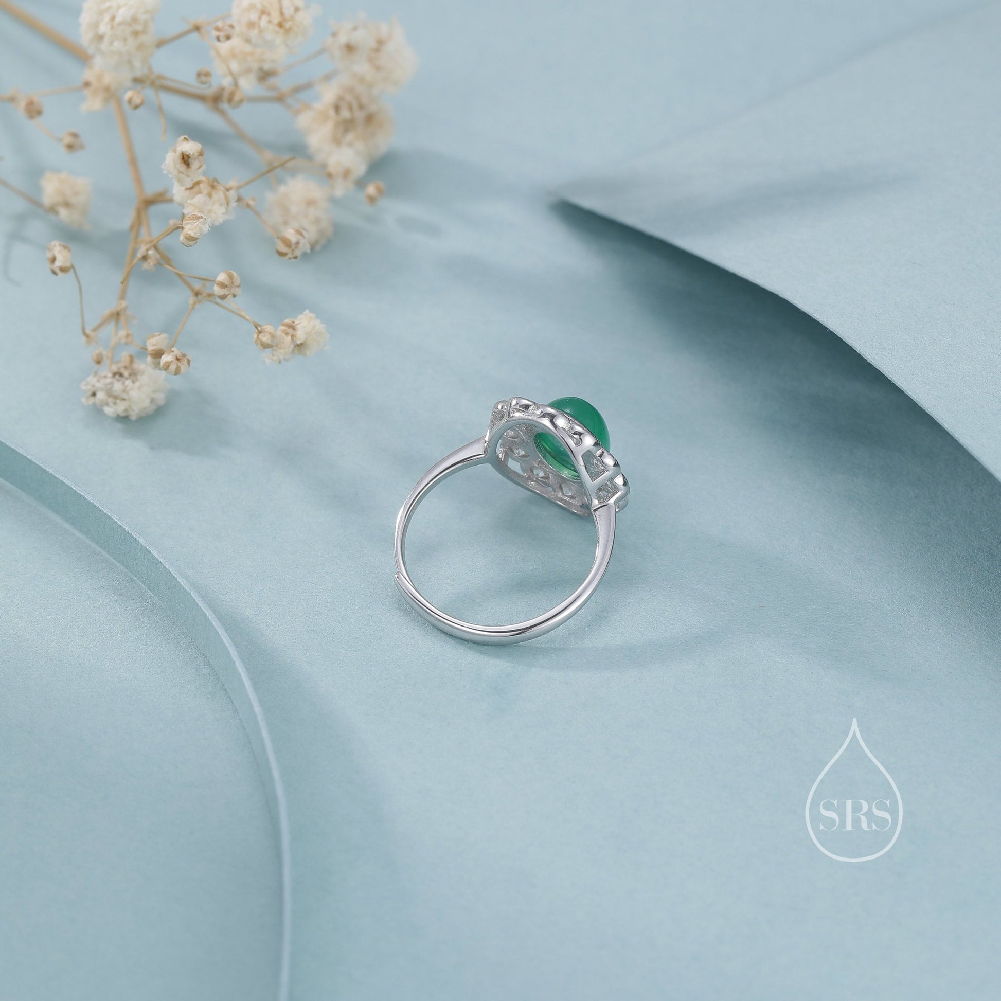 Sterling Silver Vintage Inspired Green Onyx CZ Ring, Adjustable Size,  Natural Green Onyx Ring, Vintage Style Onyx Ring
