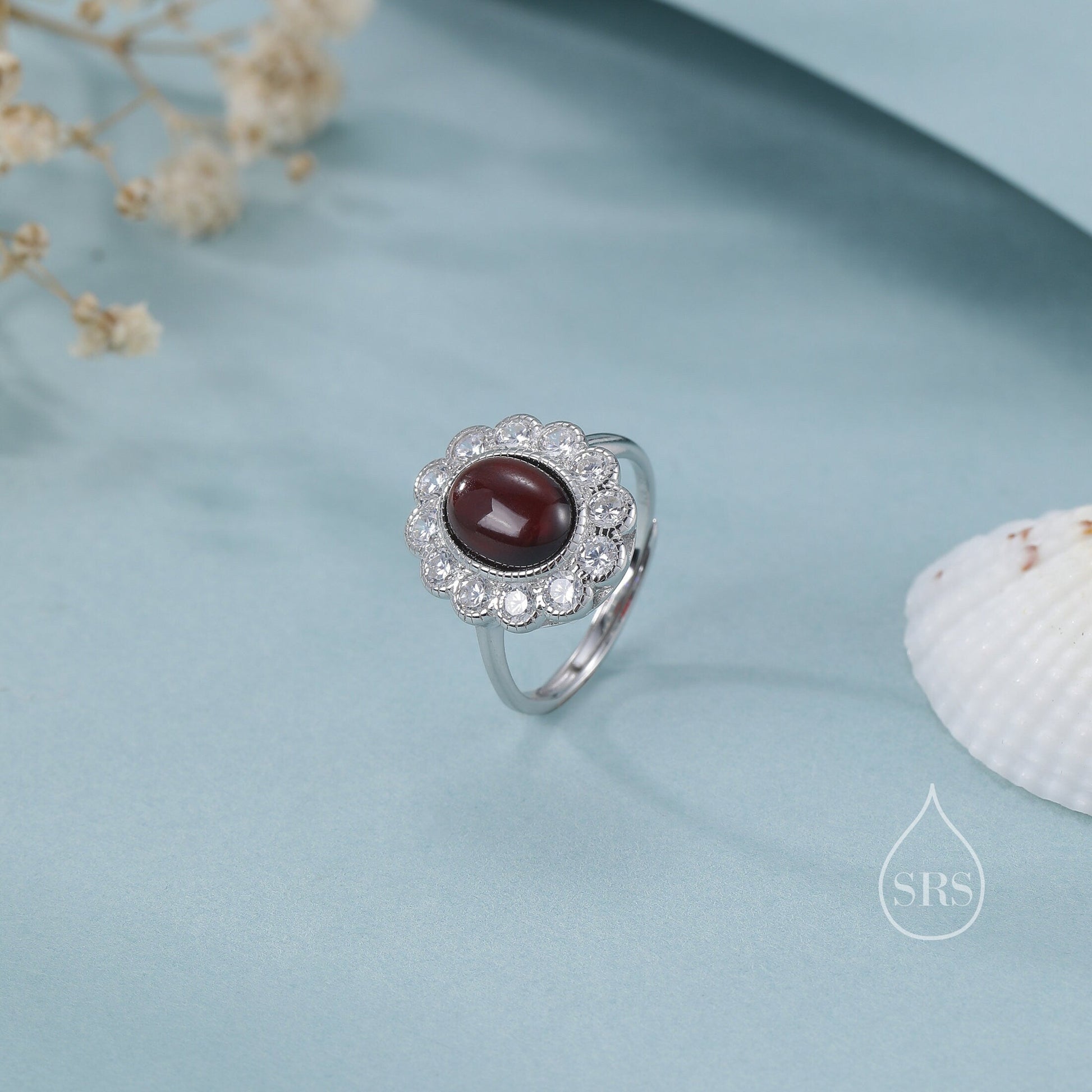 Sterling Silver Vintage Inspired Dark Garnet CZ Ring, Adjustable Size,  Natural Red Garnet Ring, Vintage Style Genuine Garnet Ring