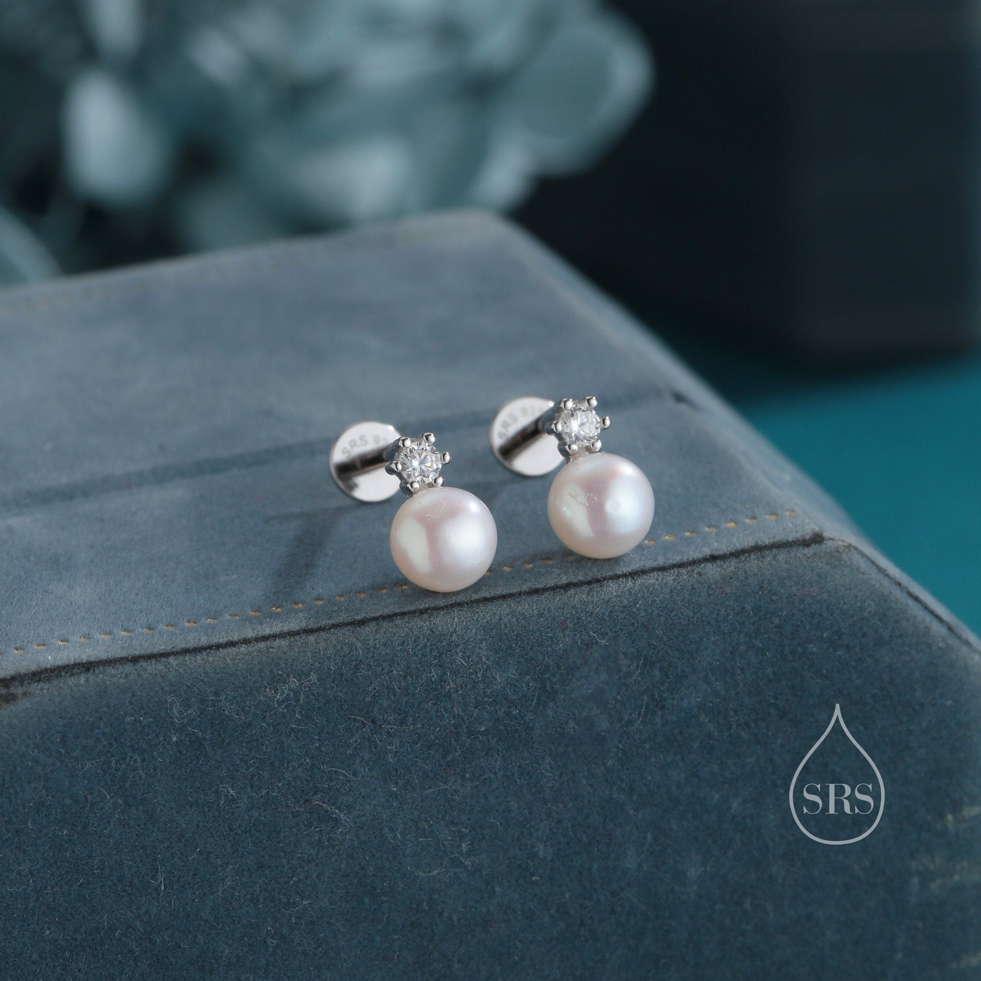 Tiny Genuine Pearl and CZ Screw Back Earrings in Sterling Silver, Silver or Gold, Natural Pearl Earrings, Freshwater Pearl Earrings