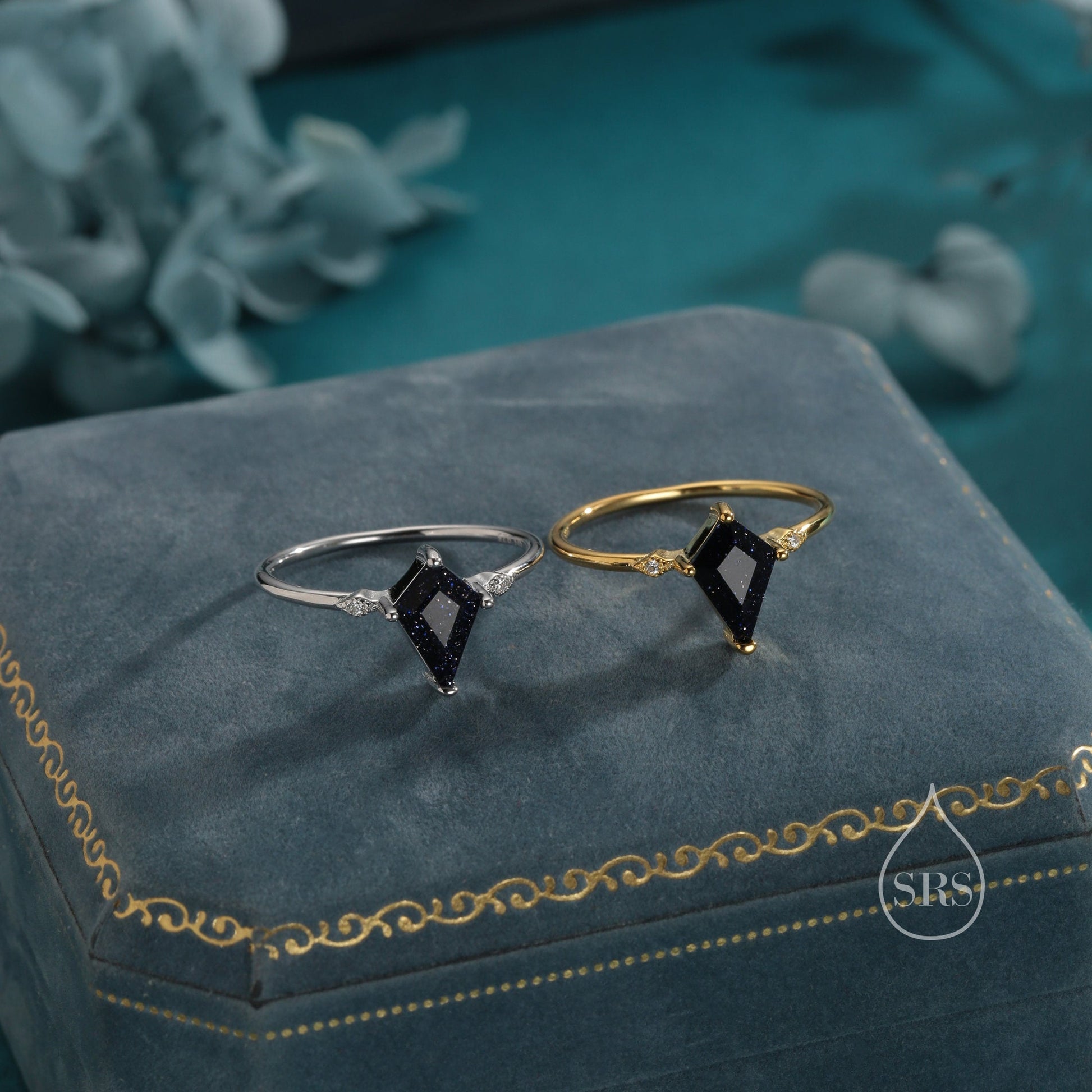 1 Carat Rhombus Cut Blue Sandstone Ring in Sterling Silver, Kite Shape Blue Sandstone Ring, US 5-8