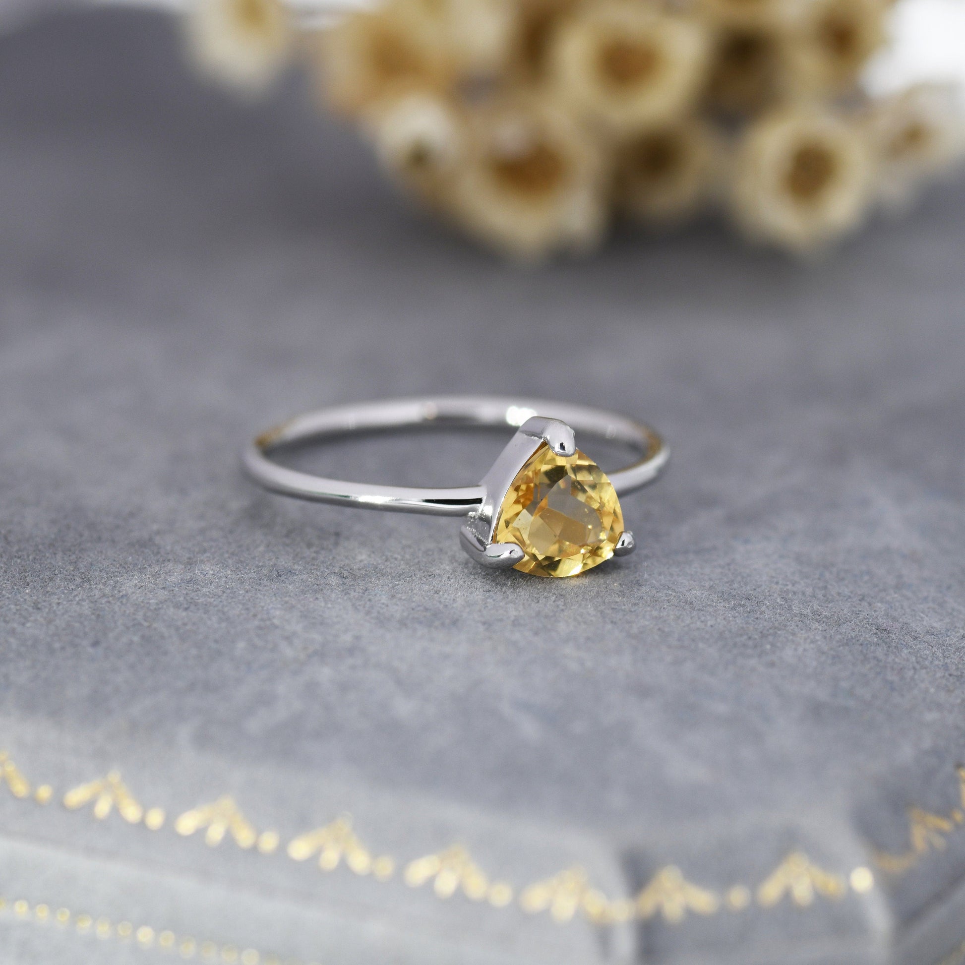 Genuine Yellow Citrine Ring in Sterling Silver, US 5-8, Natural Trillion Cut Citrine Ring, Stacking Rings,