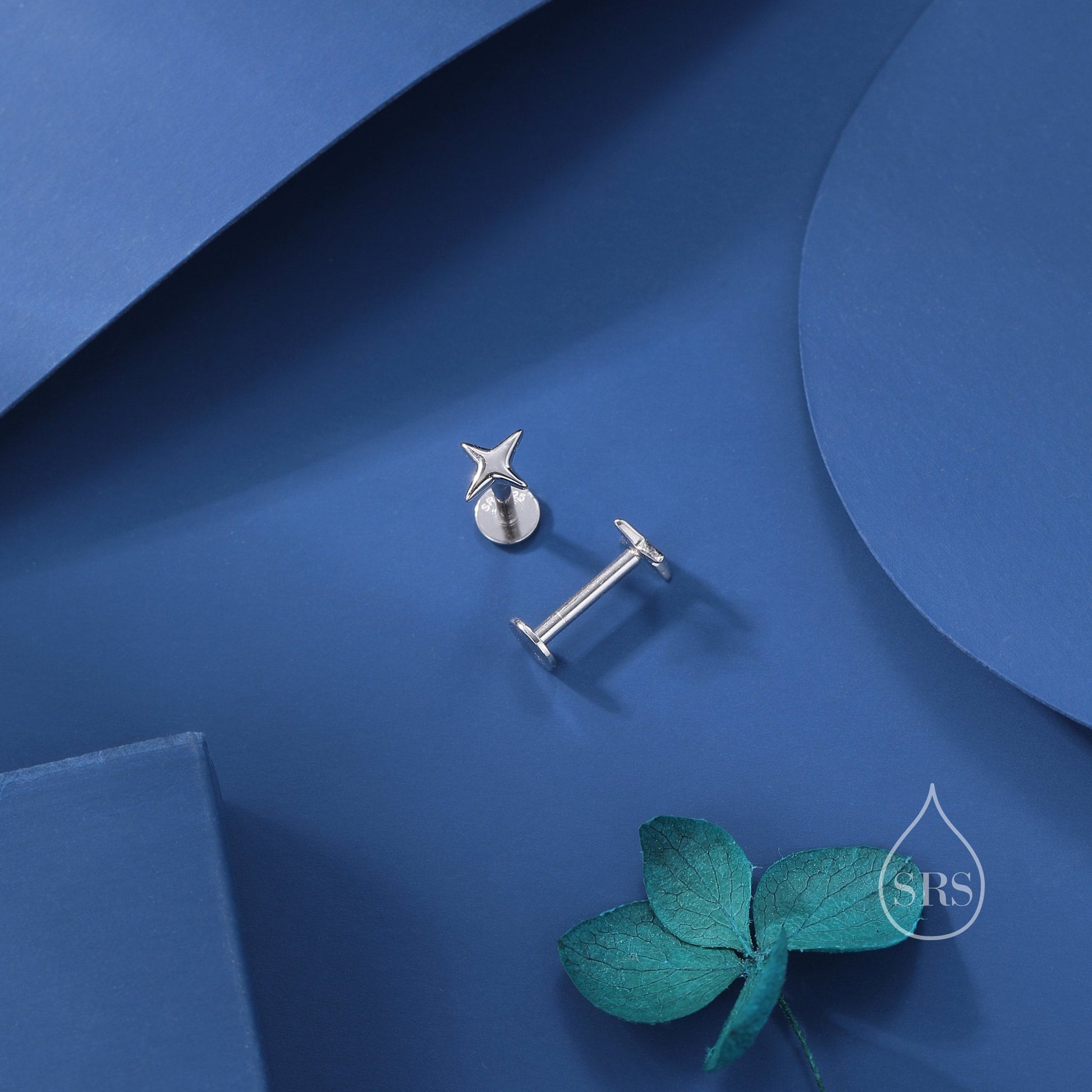 Tiny Four Point Star Internally Threaded Flat Back/Screw back/Stud Earrings in Sterling Silver, Tiny Star Earrings