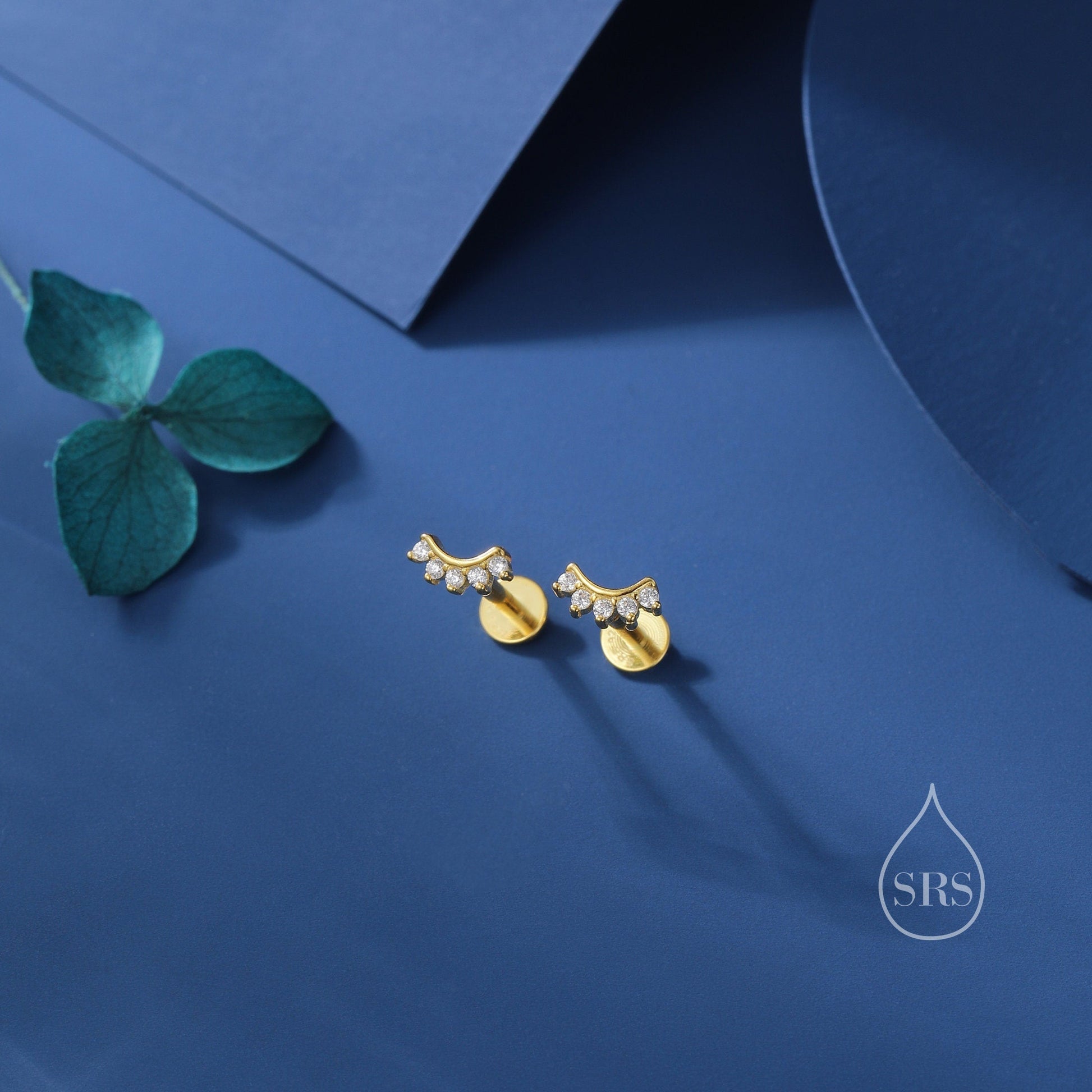 Extra Tiny Curved Bar CZ Internally Flat Back /Stud Earrings / Screw Back Earrings in Sterling Silver, Silver or Gold