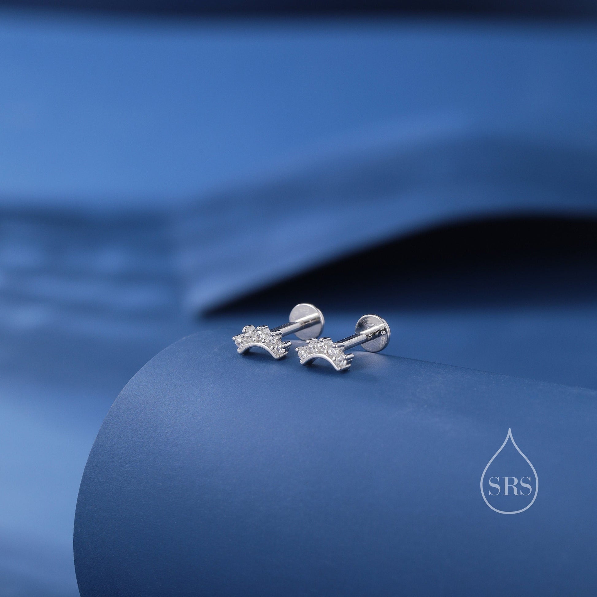 Extra Tiny Curved Bar CZ Internally Flat Back /Stud Earrings / Screw Back Earrings in Sterling Silver, Silver or Gold