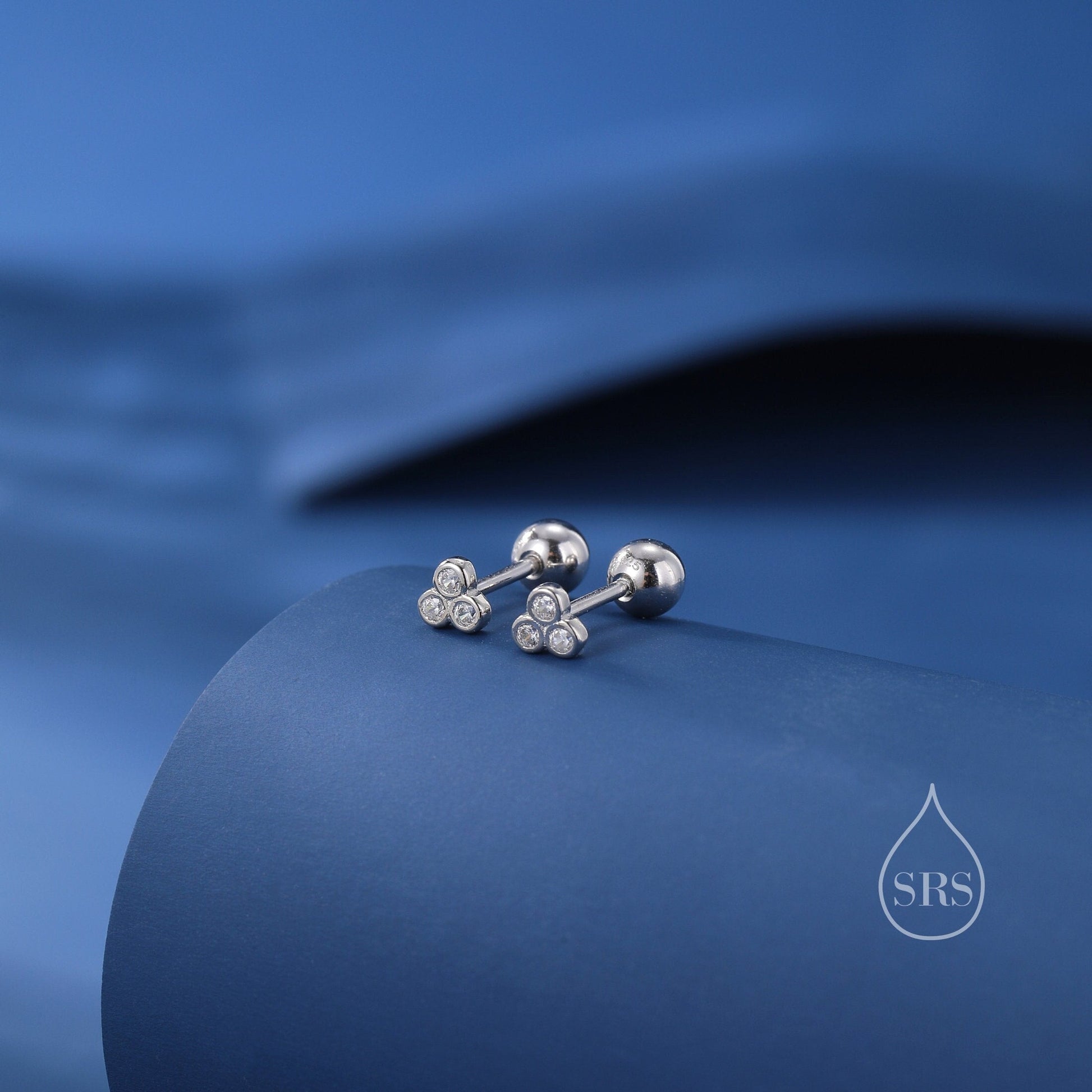 Extra Tiny Three CZ Internally Flat Back /Stud Earrings / Screw Back Earrings in Sterling Silver, Silver or Gold or Rose Gold, CZ Trio Stud
