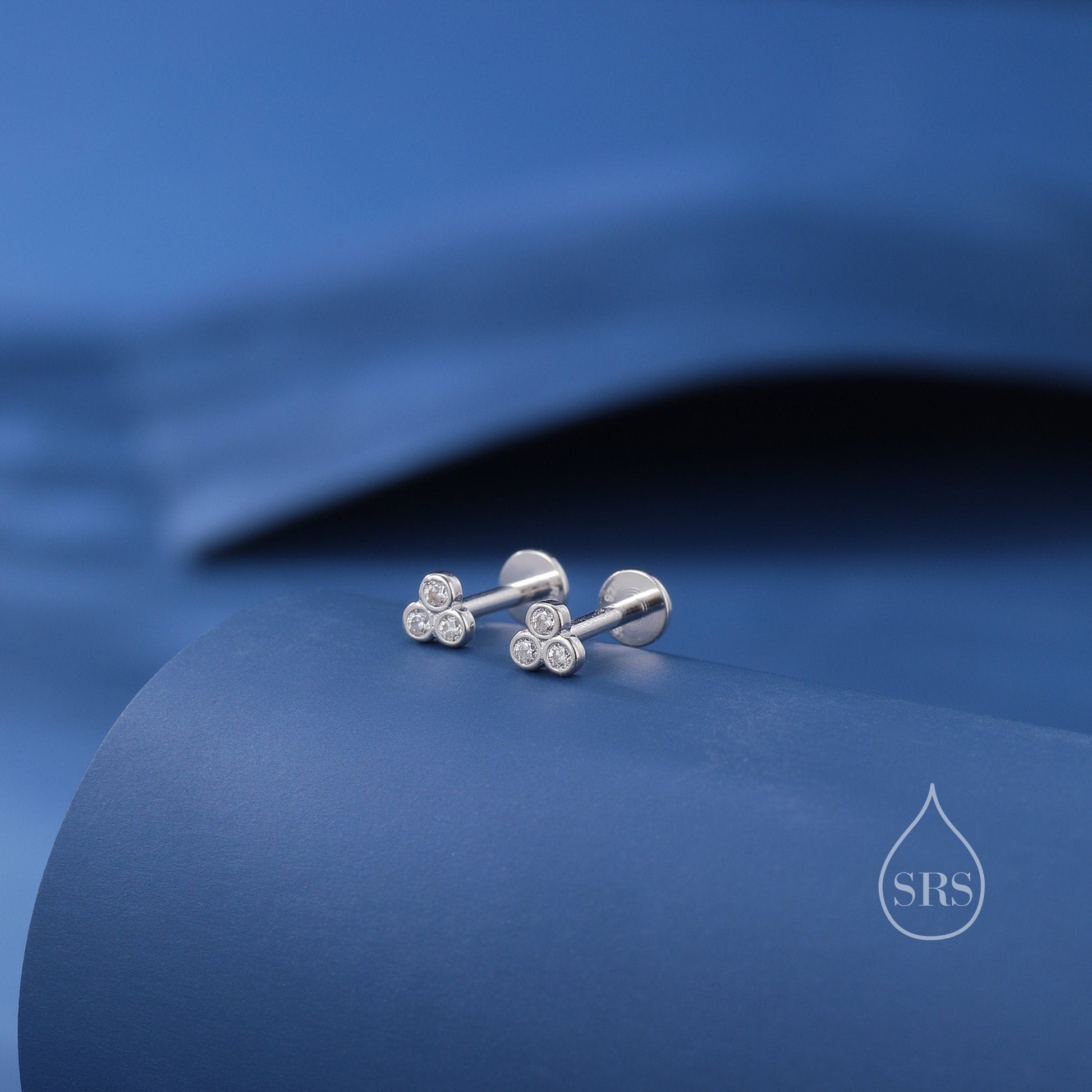 Very Tiny Three CZ Internally Flat Back /Stud Earrings / Screw Back Earrings in Sterling Silver, Silver or Gold or Rose Gold, CZ Trio Stud