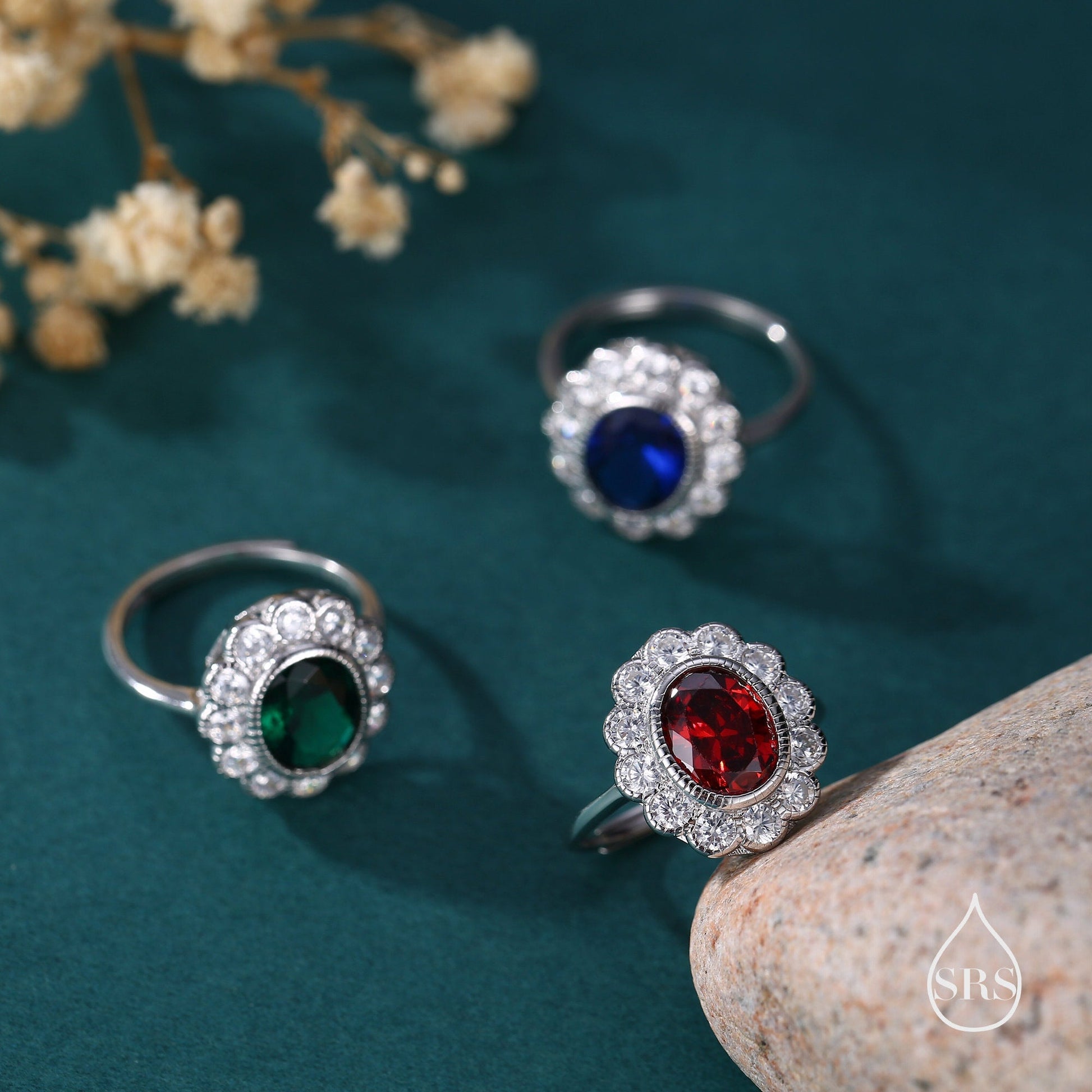 Sterling Silver Vintage Inspired Garnet Red CZ Ring, Adjustable Size,  Blue CZ Ring, Vintage Style Garnet Ring, Lab Created CZ RIng