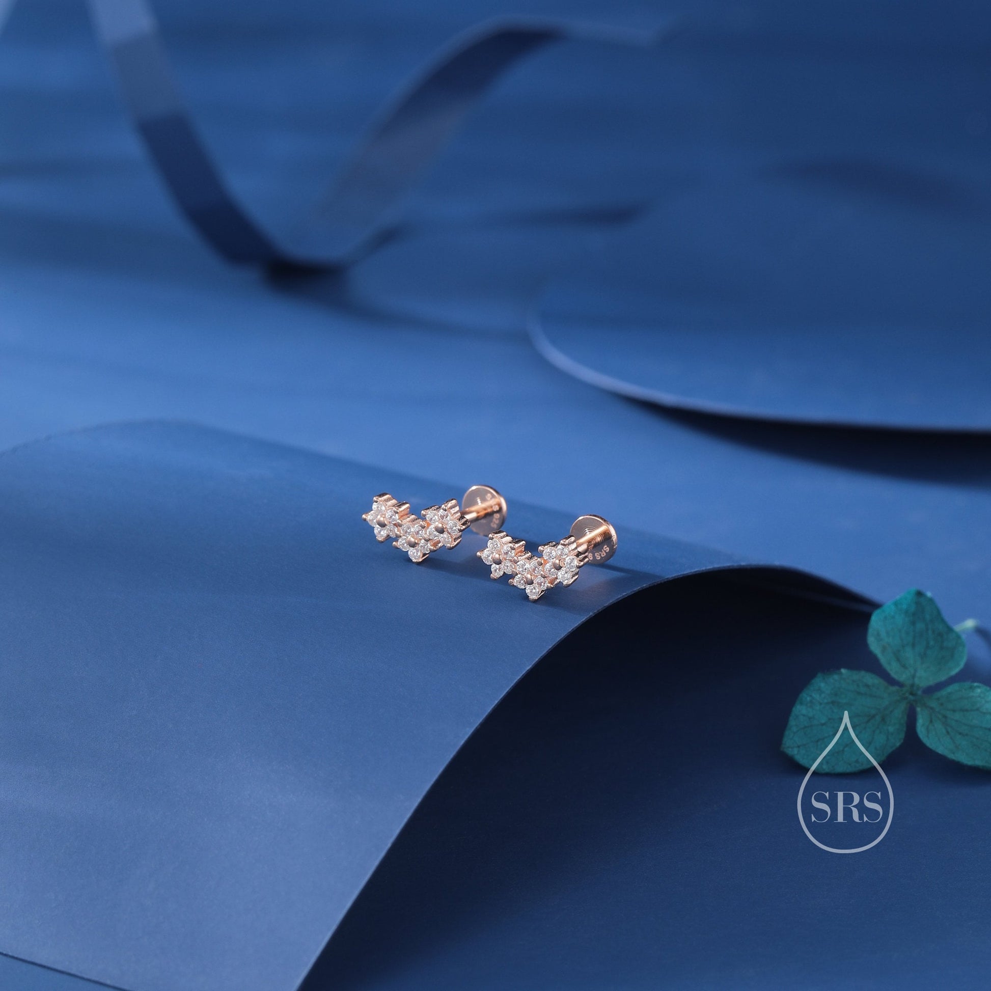 CZ Forget Me Not Internally Threaded Flat Back/ Screw Back/ Stud Earrings in Sterling Silver, Silver, Gold or Rose Gold, Flower Earrings