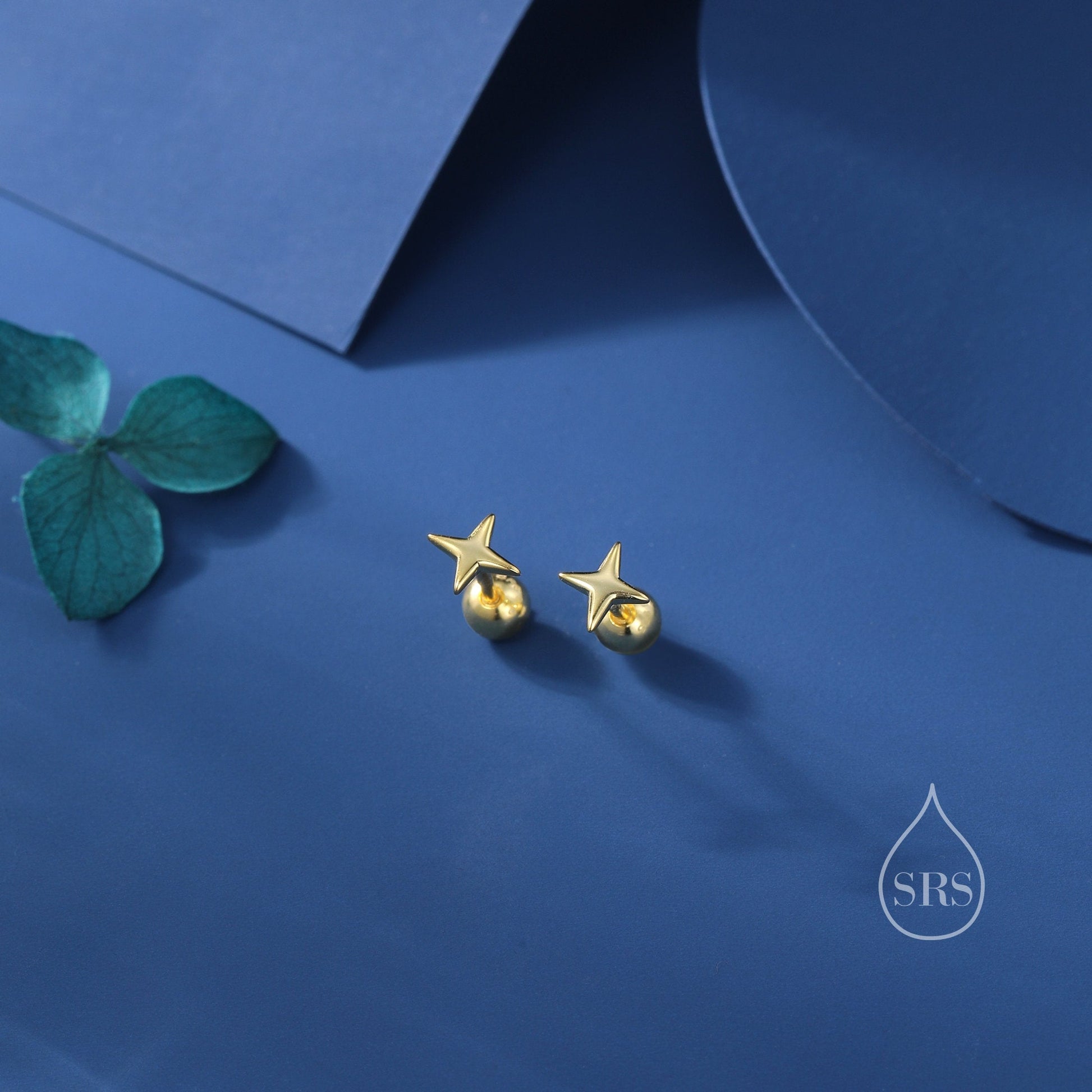 Tiny Four Point Star Internally Threaded Flat Back/Screw back/Stud Earrings in Sterling Silver, Tiny Star Earrings