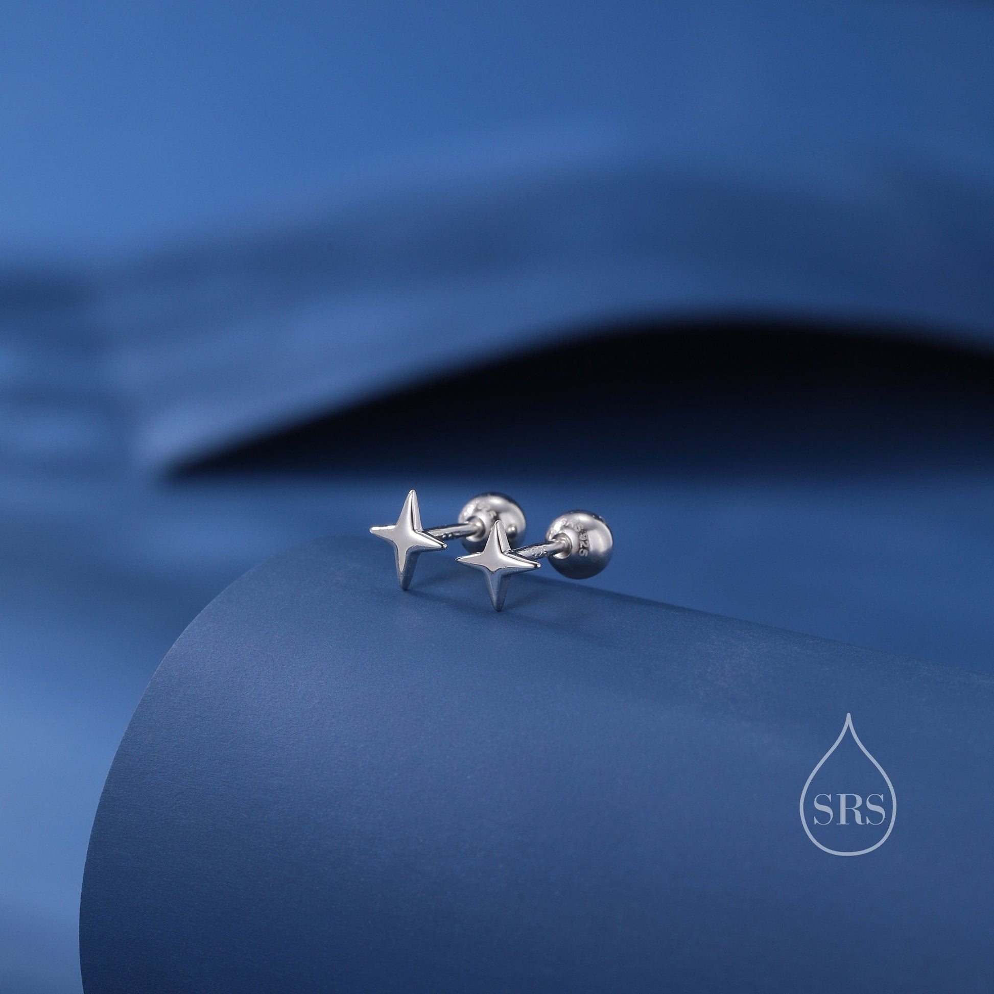 Tiny Four Point Star Internally Threaded Flat Back/Screw back/Stud Earrings in Sterling Silver, Tiny Star Earrings