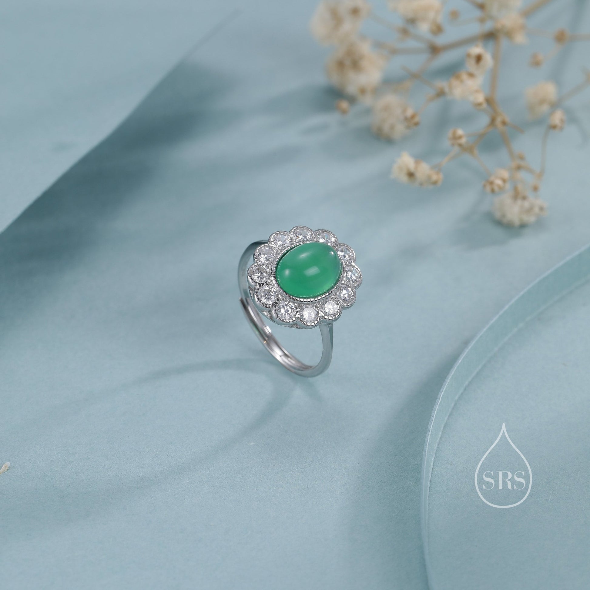 Sterling Silver Vintage Inspired Green Onyx CZ Ring, Adjustable Size,  Natural Green Onyx Ring, Vintage Style Onyx Ring