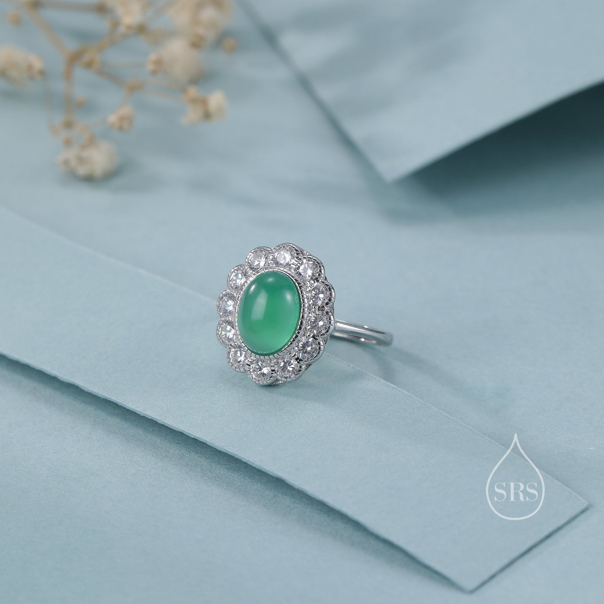 Sterling Silver Vintage Inspired Green Onyx CZ Ring, Adjustable Size,  Natural Green Onyx Ring, Vintage Style Onyx Ring