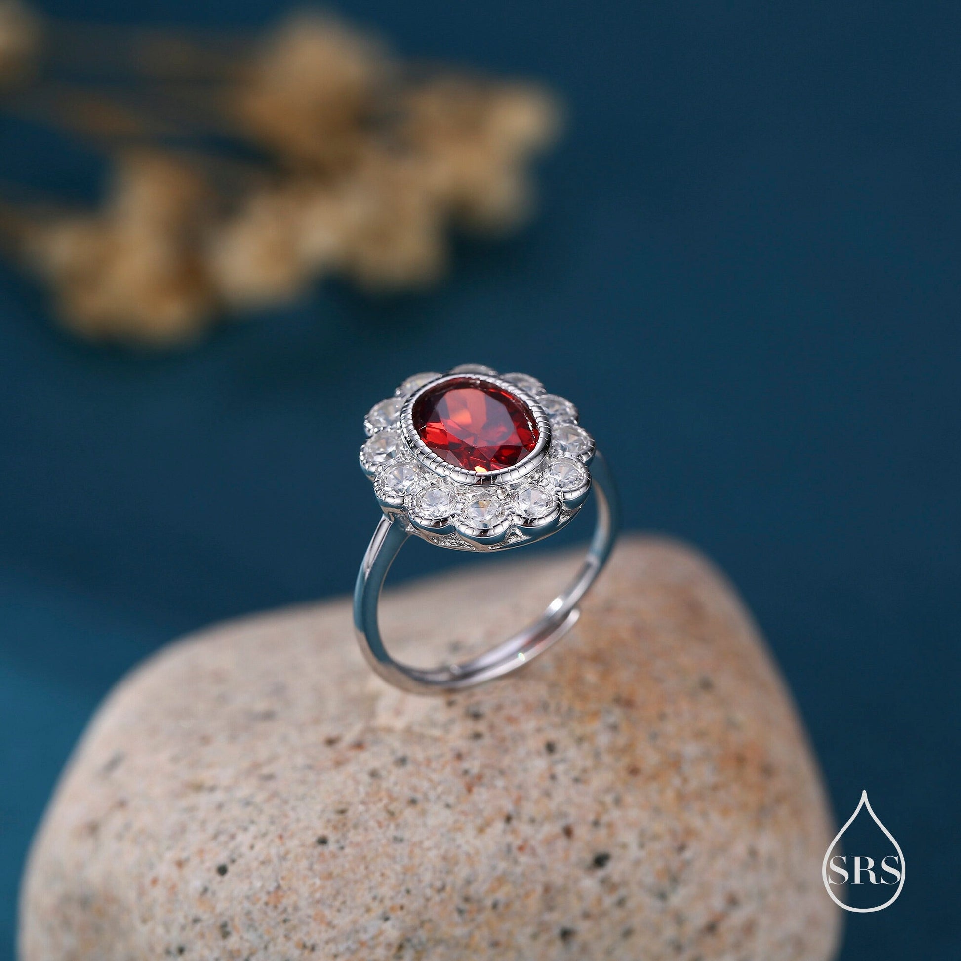 Sterling Silver Vintage Inspired Garnet Red CZ Ring, Adjustable Size,  Blue CZ Ring, Vintage Style Garnet Ring, Lab Created CZ RIng