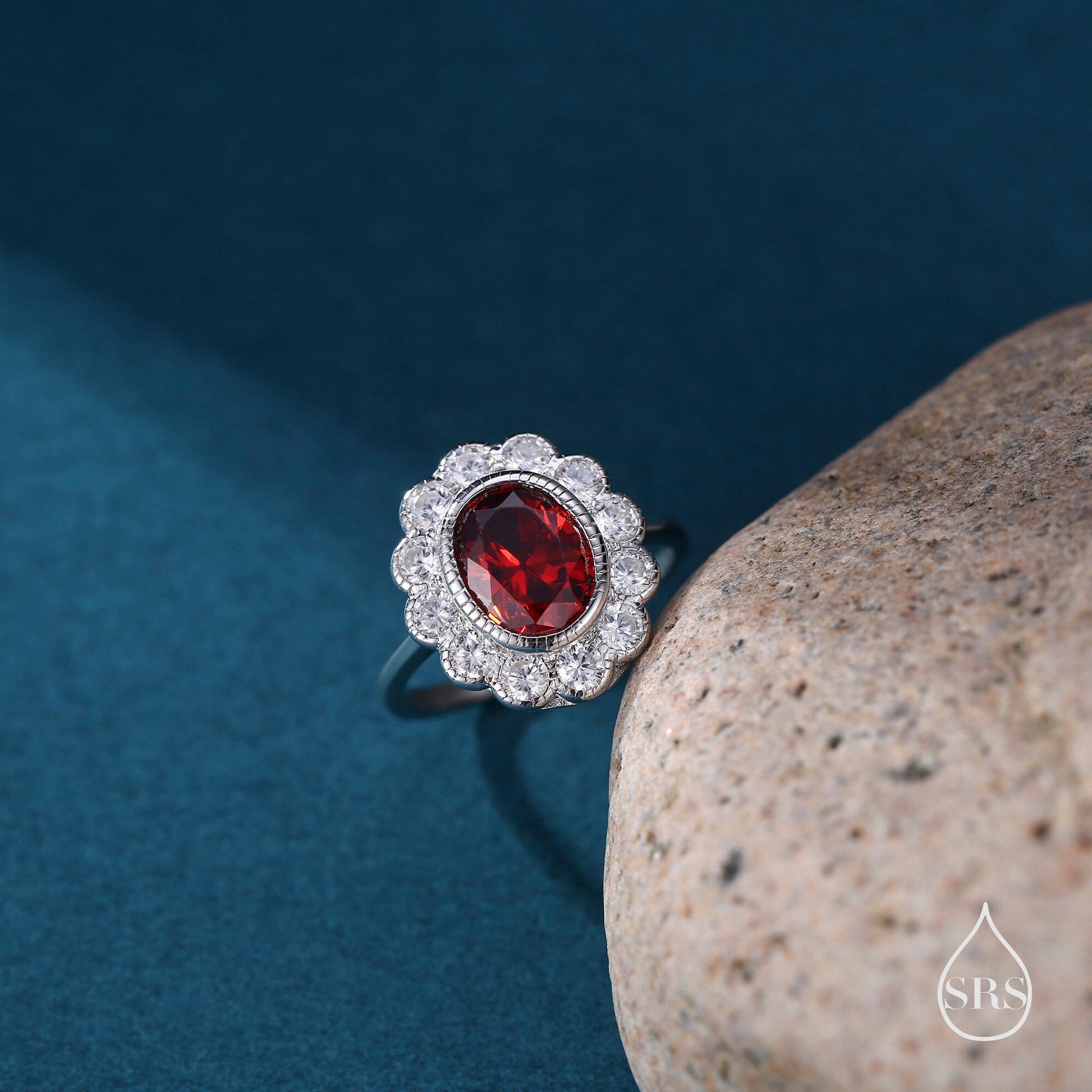 Sterling Silver Vintage Inspired Garnet Red CZ Ring, Adjustable Size,  Blue CZ Ring, Vintage Style Garnet Ring, Lab Created CZ RIng