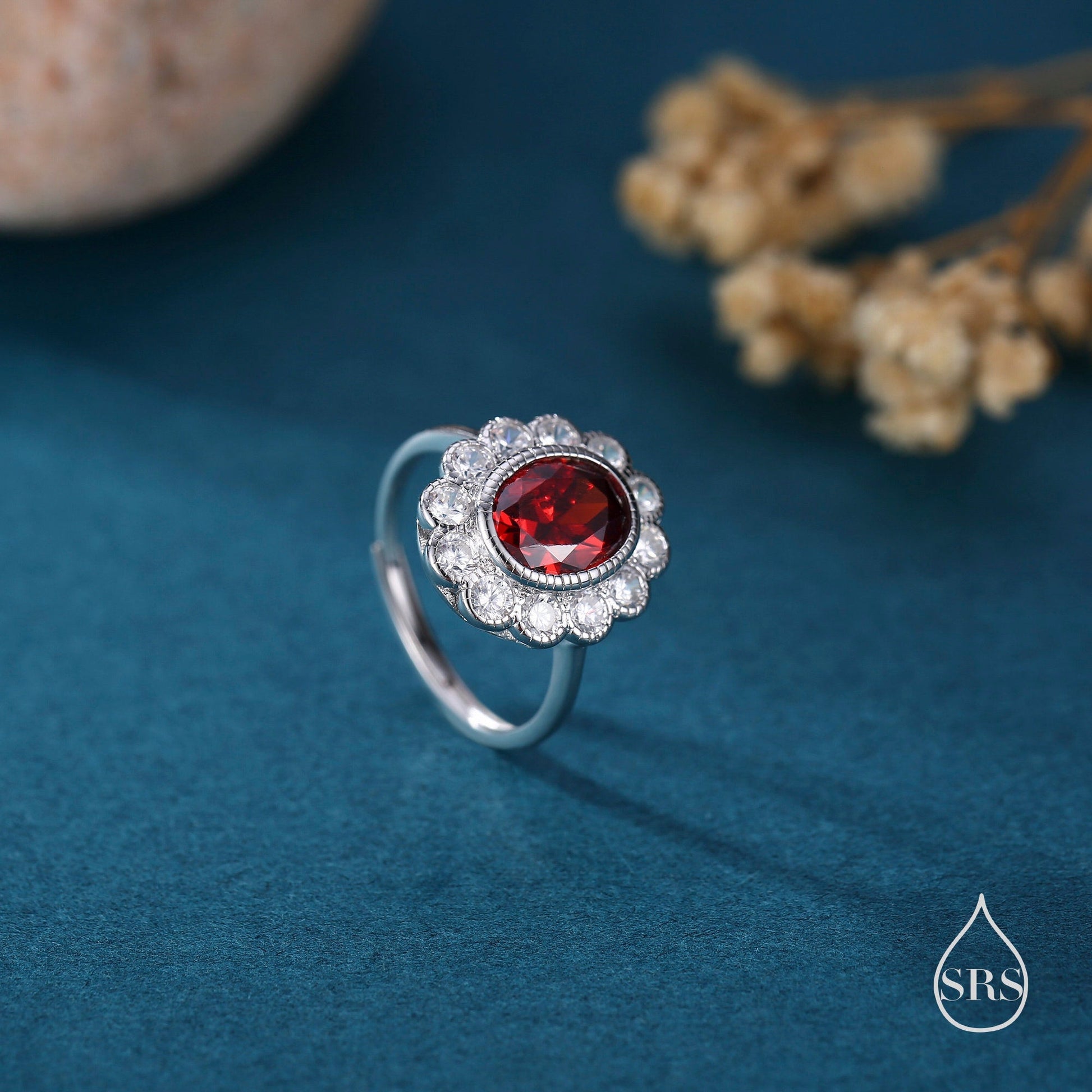 Sterling Silver Vintage Inspired Garnet Red CZ Ring, Adjustable Size,  Blue CZ Ring, Vintage Style Garnet Ring, Lab Created CZ RIng