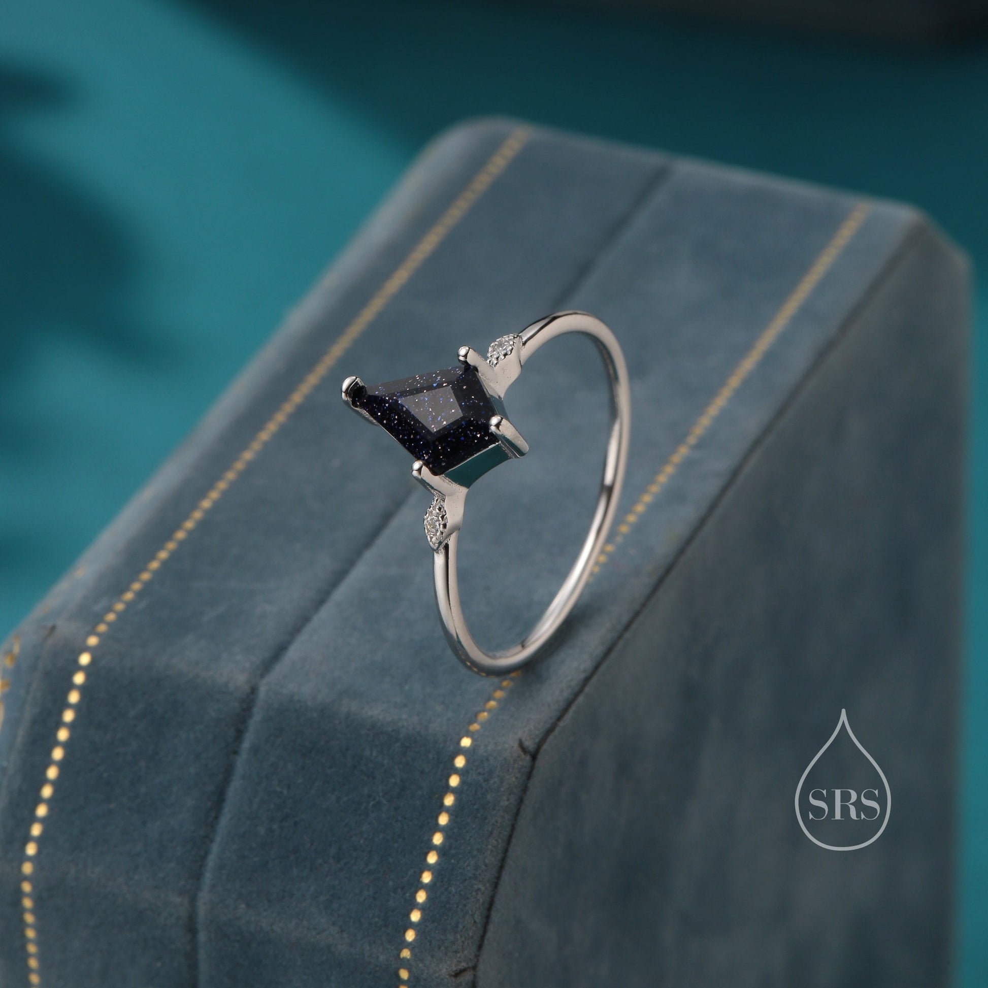 1 Carat Rhombus Cut Blue Sandstone Ring in Sterling Silver, Kite Shape Blue Sandstone Ring, US 5-8