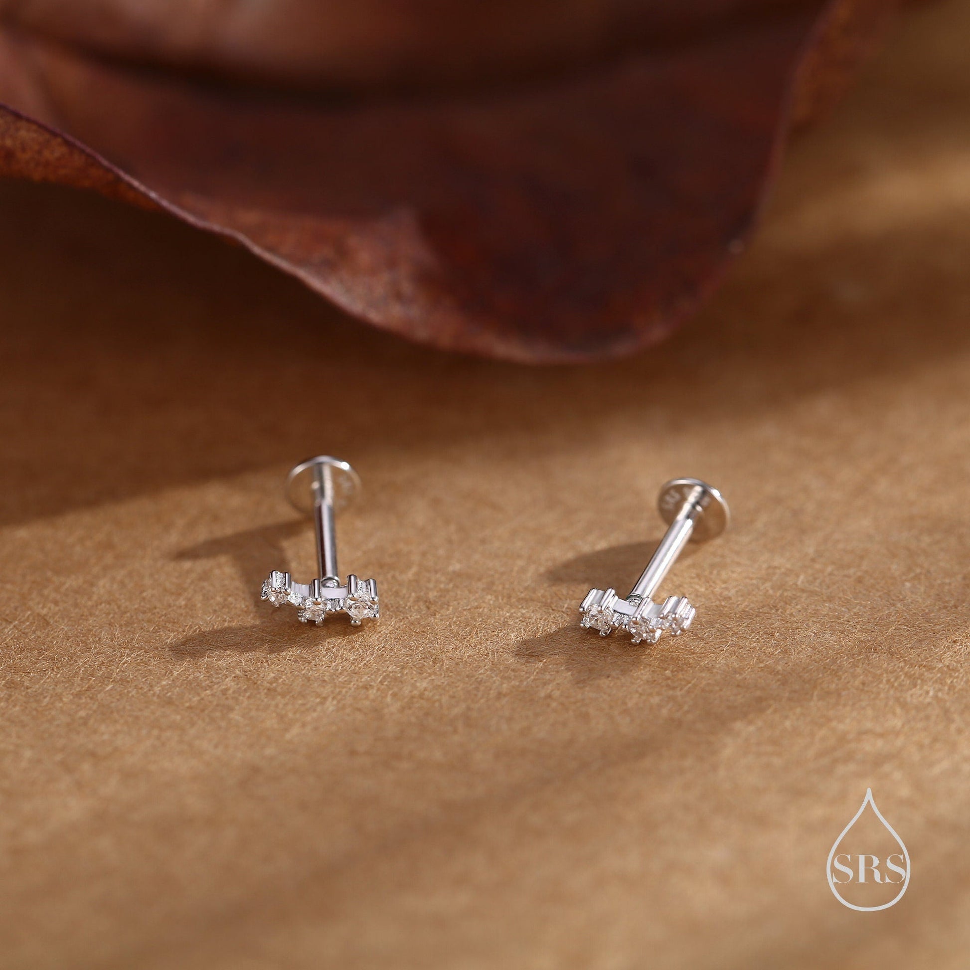 Tiny CZ Trio Internally Threaded Flat Back /Screw Back Earrings in Sterling Silver, Silver or Gold, Geometric Tiny Three Star Earrings