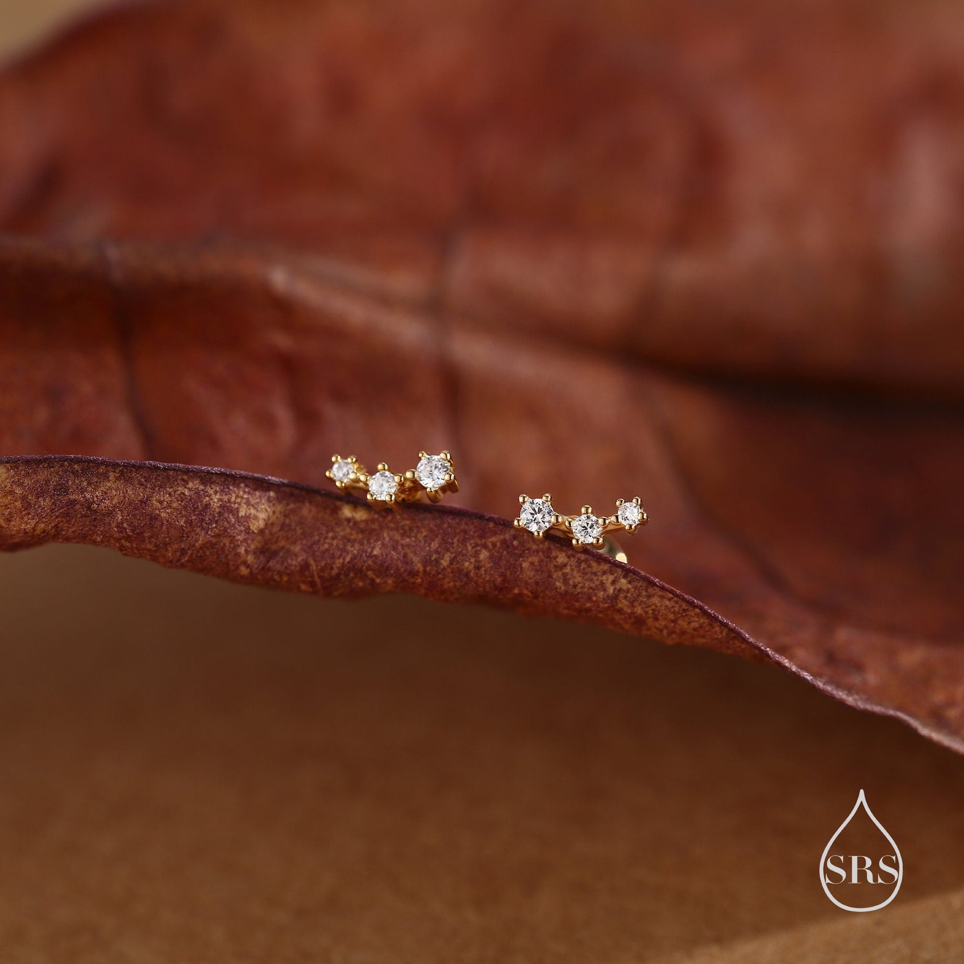 Tiny CZ Trio Internally Threaded Flat Back /Screw Back Earrings in Sterling Silver, Silver or Gold, Geometric Tiny Three Star Earrings