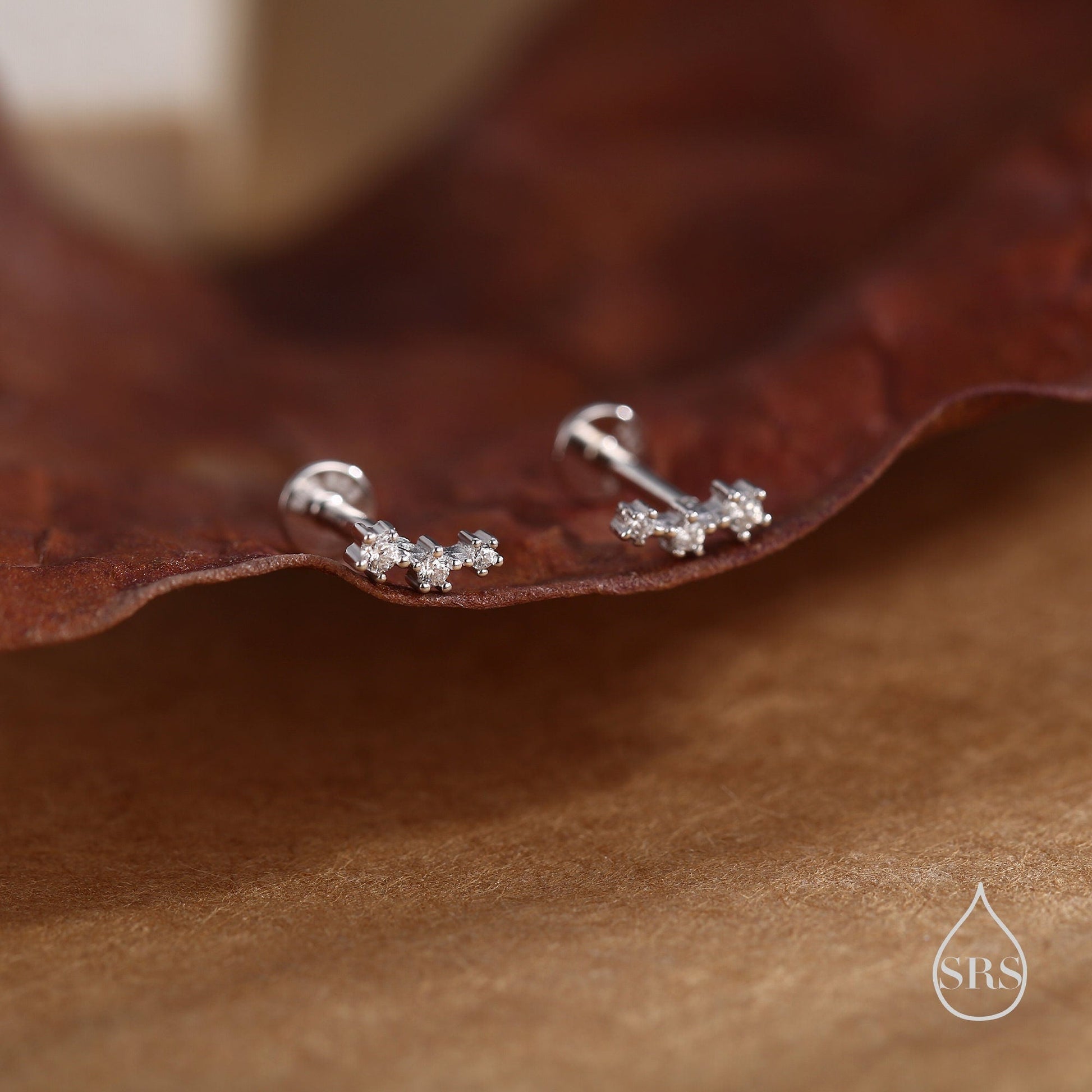 Tiny CZ Trio Internally Threaded Flat Back /Screw Back Earrings in Sterling Silver, Silver or Gold, Geometric Tiny Three Star Earrings