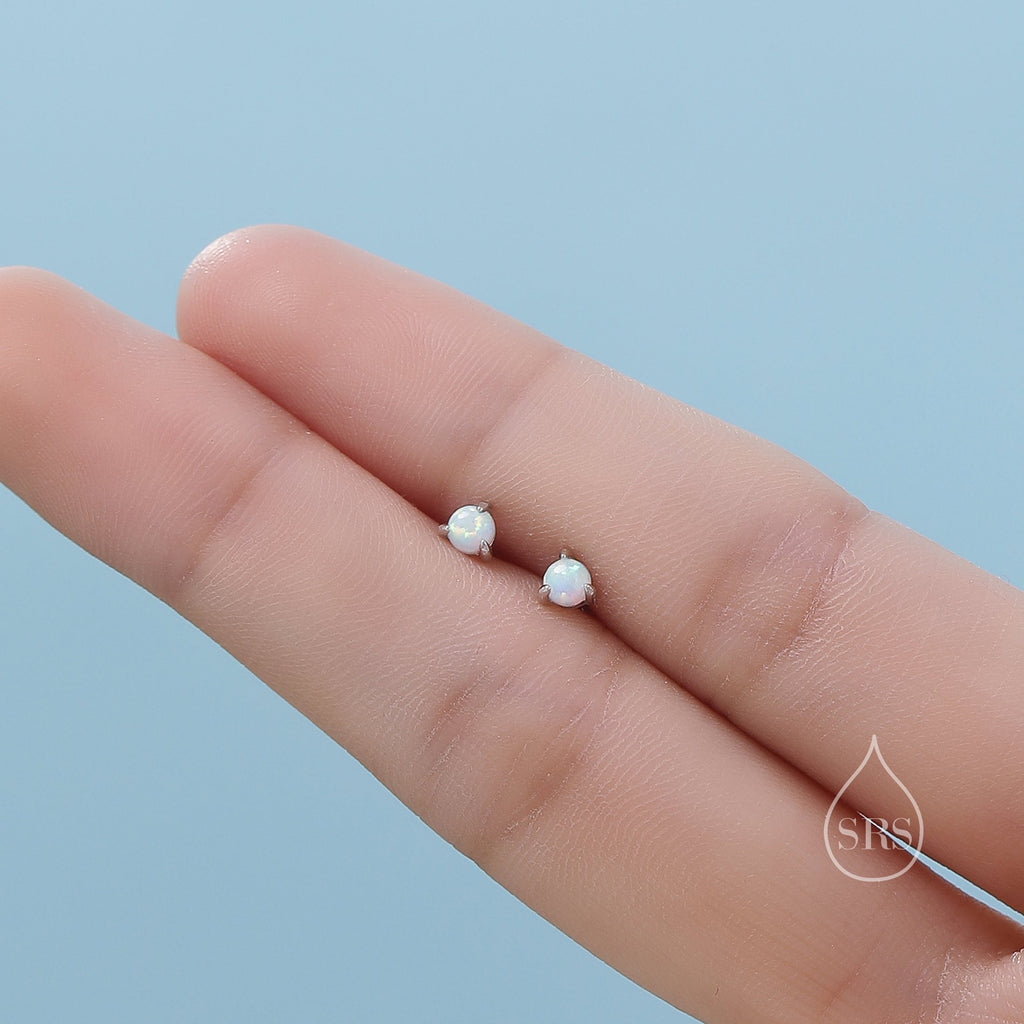 White Opal Internally Threaded Flat Back /Screw back Earrings in Sterling Silver, Silver or Gold, Opal Three Prong Earrings