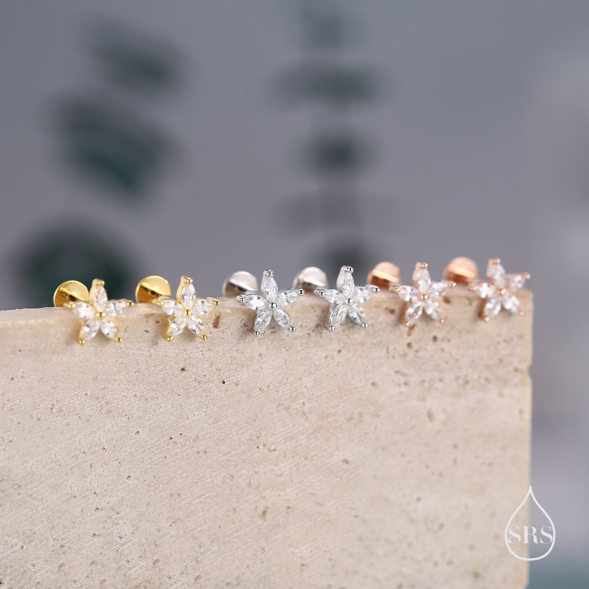 Sterling Silver CZ Flower Internally Threaded Flat Back /Screw Back Earrings,  Gold or Silver or Rose Gold, Marquise CZ Screw Back Earrings