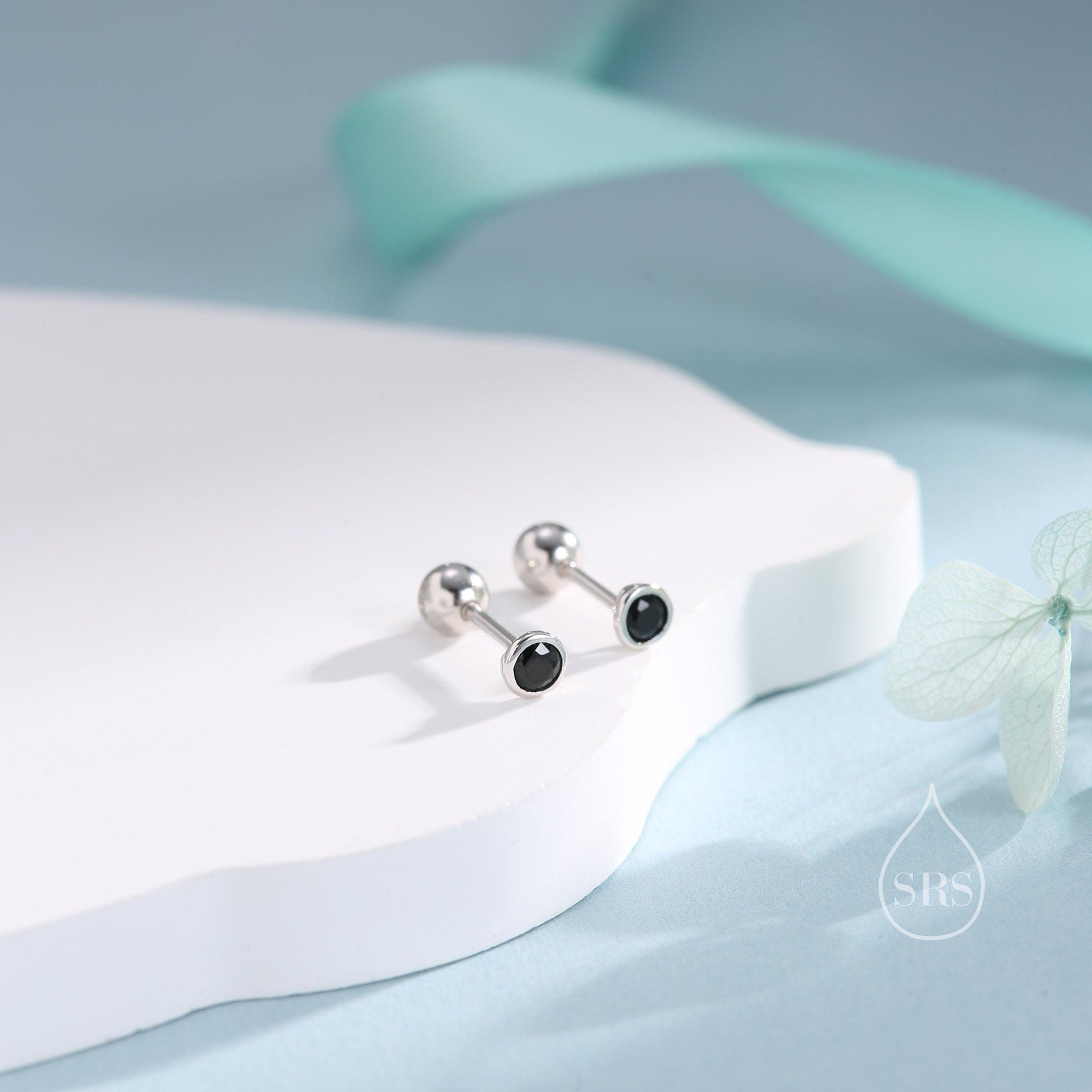 Black CZ Bezel  Internally Threaded Flat Back / Screw Back Earrings in Sterling Silver, Silver or Gold or Rose Gold, CZ Barbell Earrings