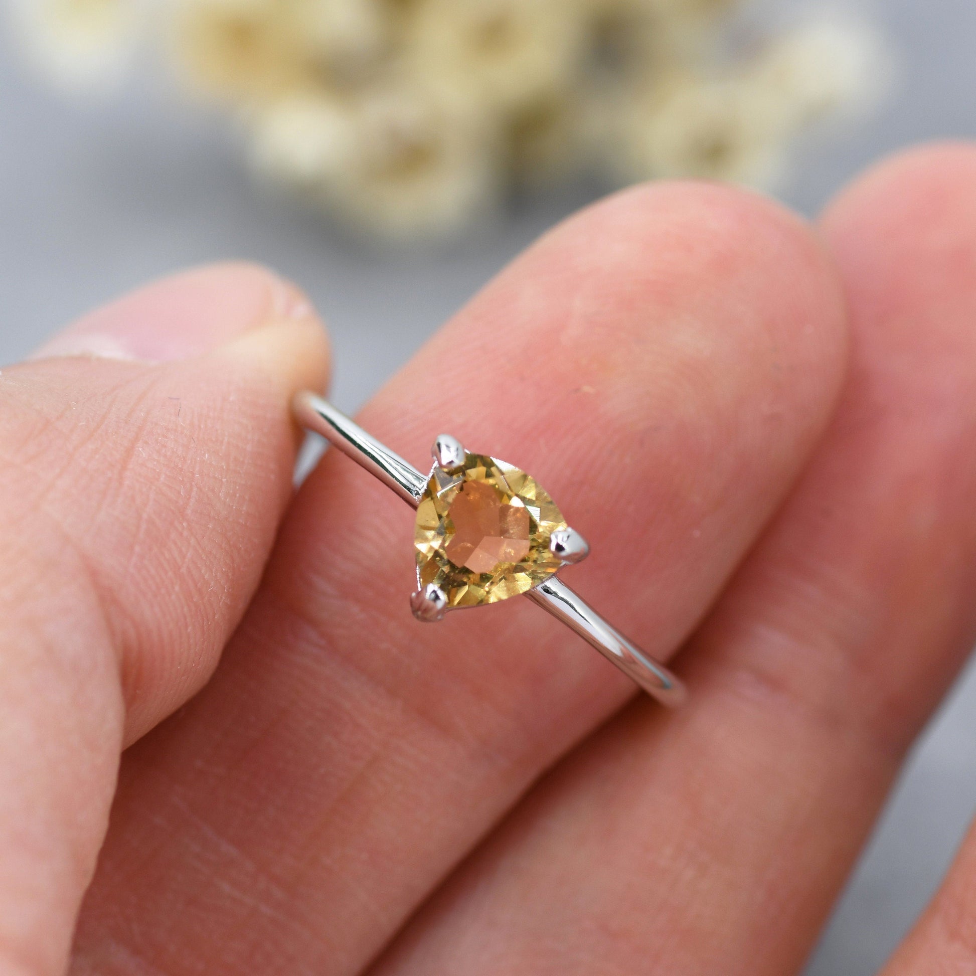 Genuine Yellow Citrine Ring in Sterling Silver, US 5-8, Natural Trillion Cut Citrine Ring, Stacking Rings,