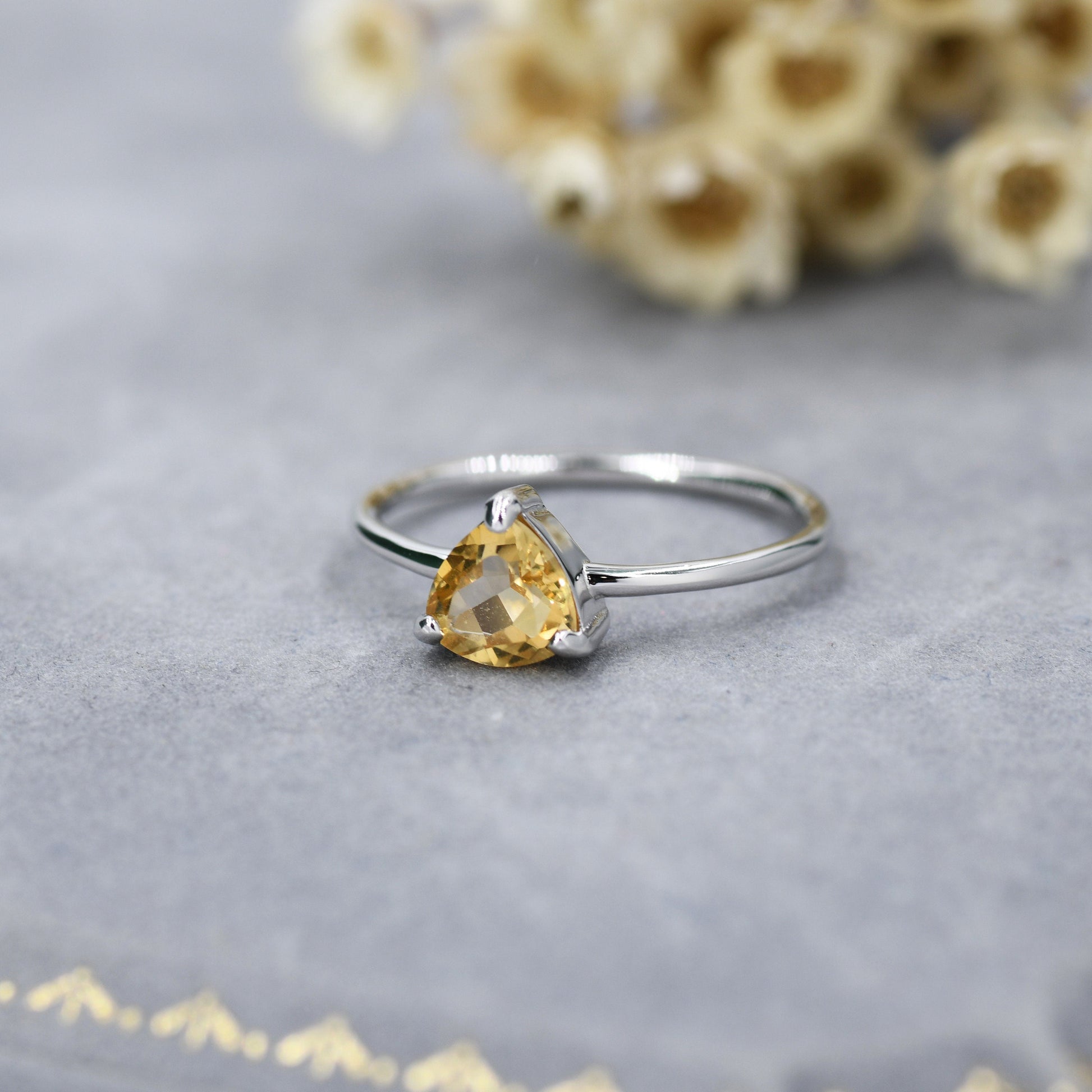 Genuine Yellow Citrine Ring in Sterling Silver, US 5-8, Natural Trillion Cut Citrine Ring, Stacking Rings,