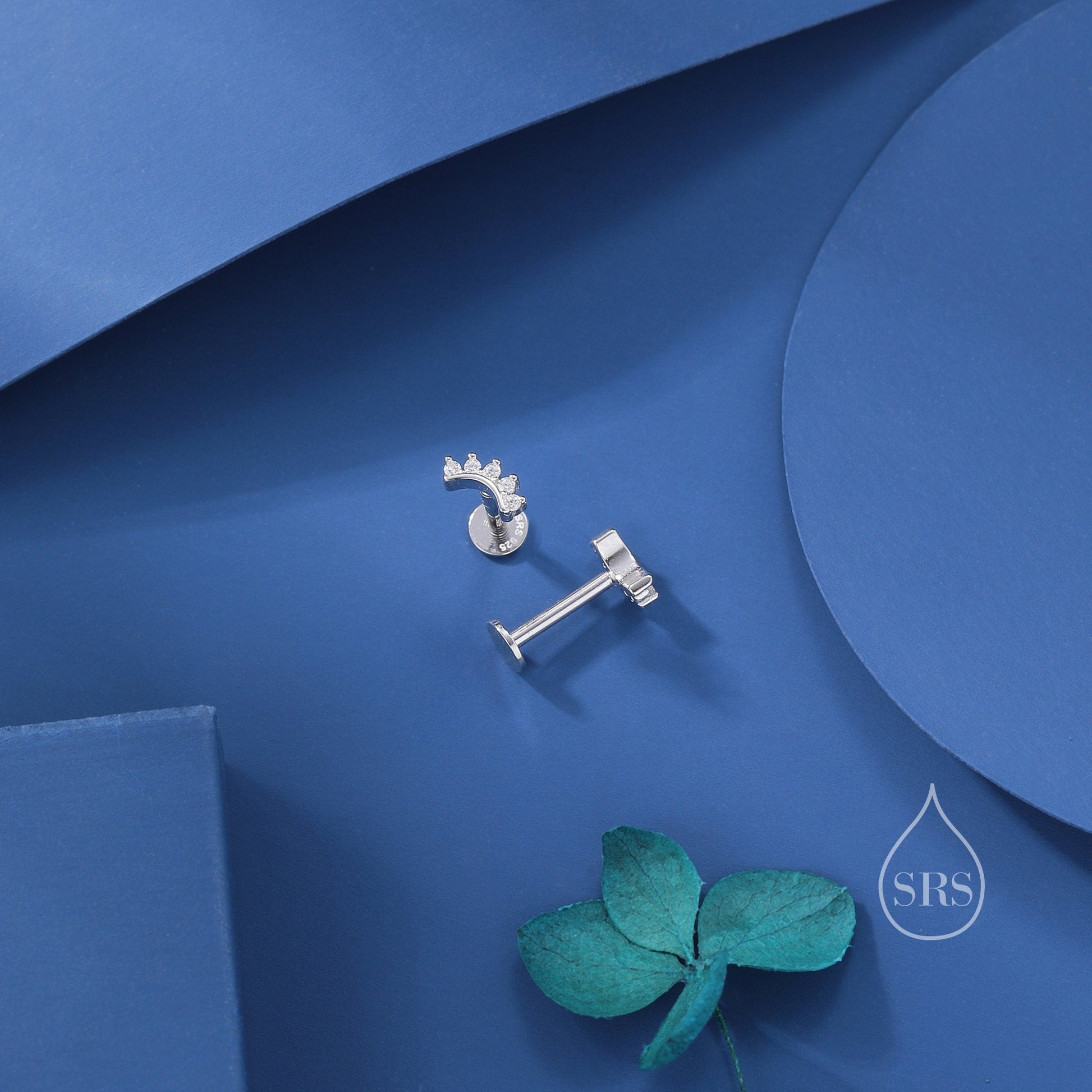 Extra Tiny Curved Bar CZ Internally Flat Back /Stud Earrings / Screw Back Earrings in Sterling Silver, Silver or Gold