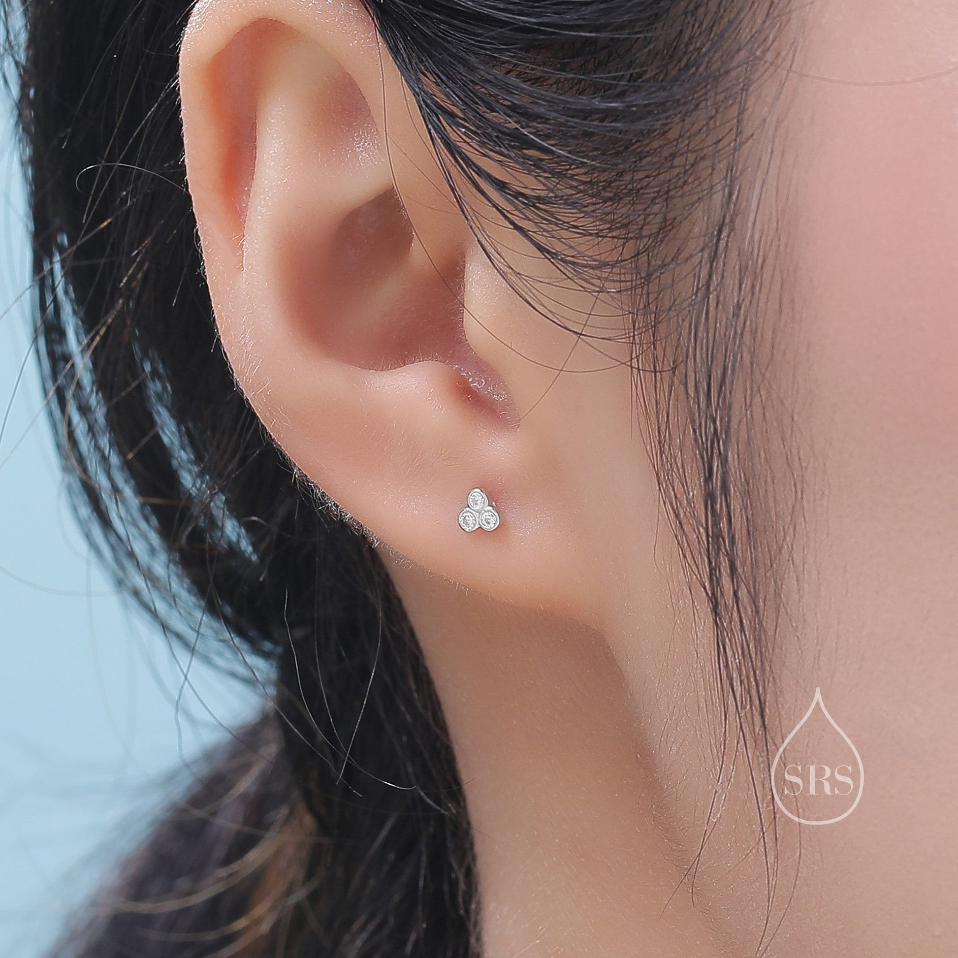 Extra Tiny Three CZ Internally Flat Back /Stud Earrings / Screw Back Earrings in Sterling Silver, Silver or Gold or Rose Gold, CZ Trio Stud