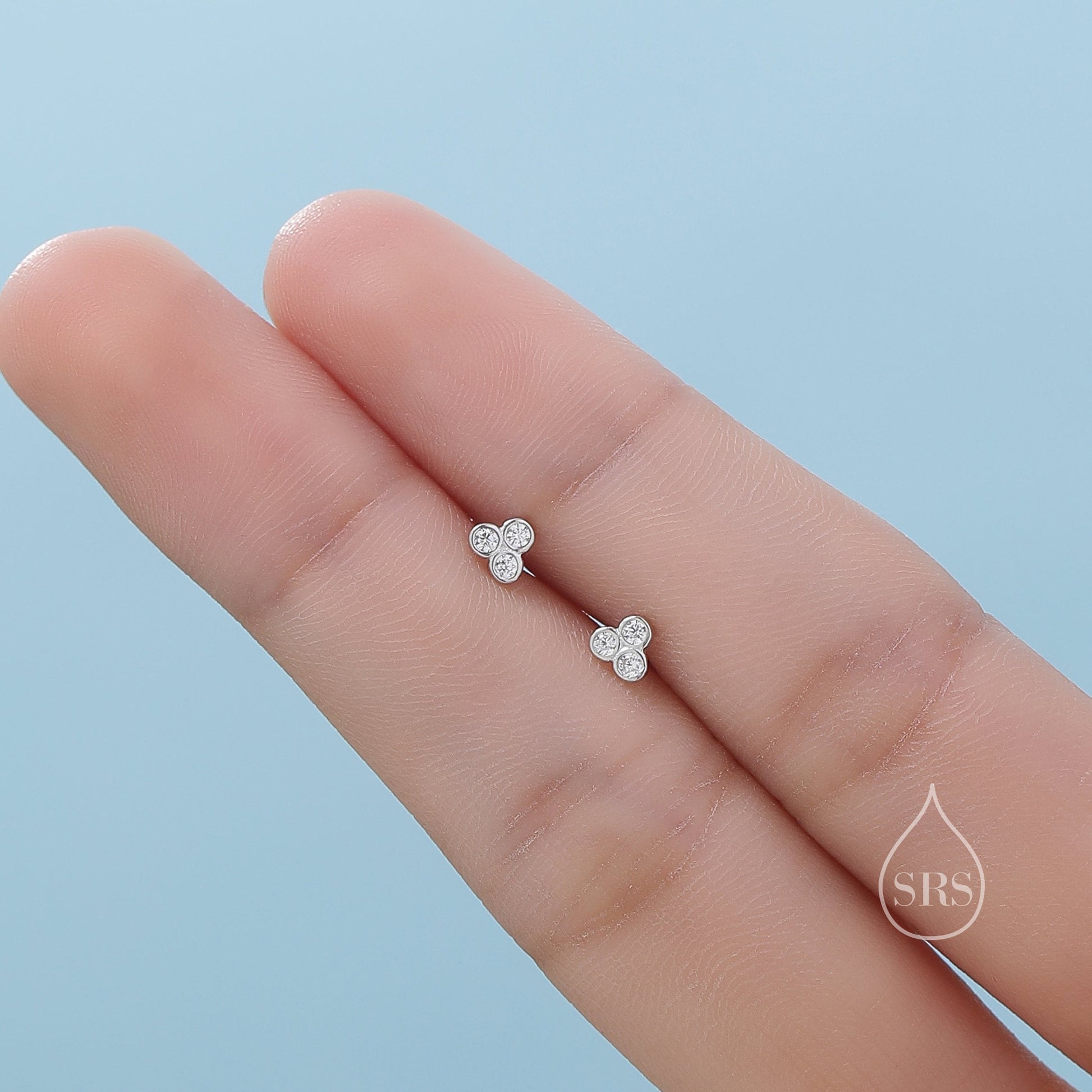 Extra Tiny Three CZ Internally Flat Back /Stud Earrings / Screw Back Earrings in Sterling Silver, Silver or Gold or Rose Gold, CZ Trio Stud