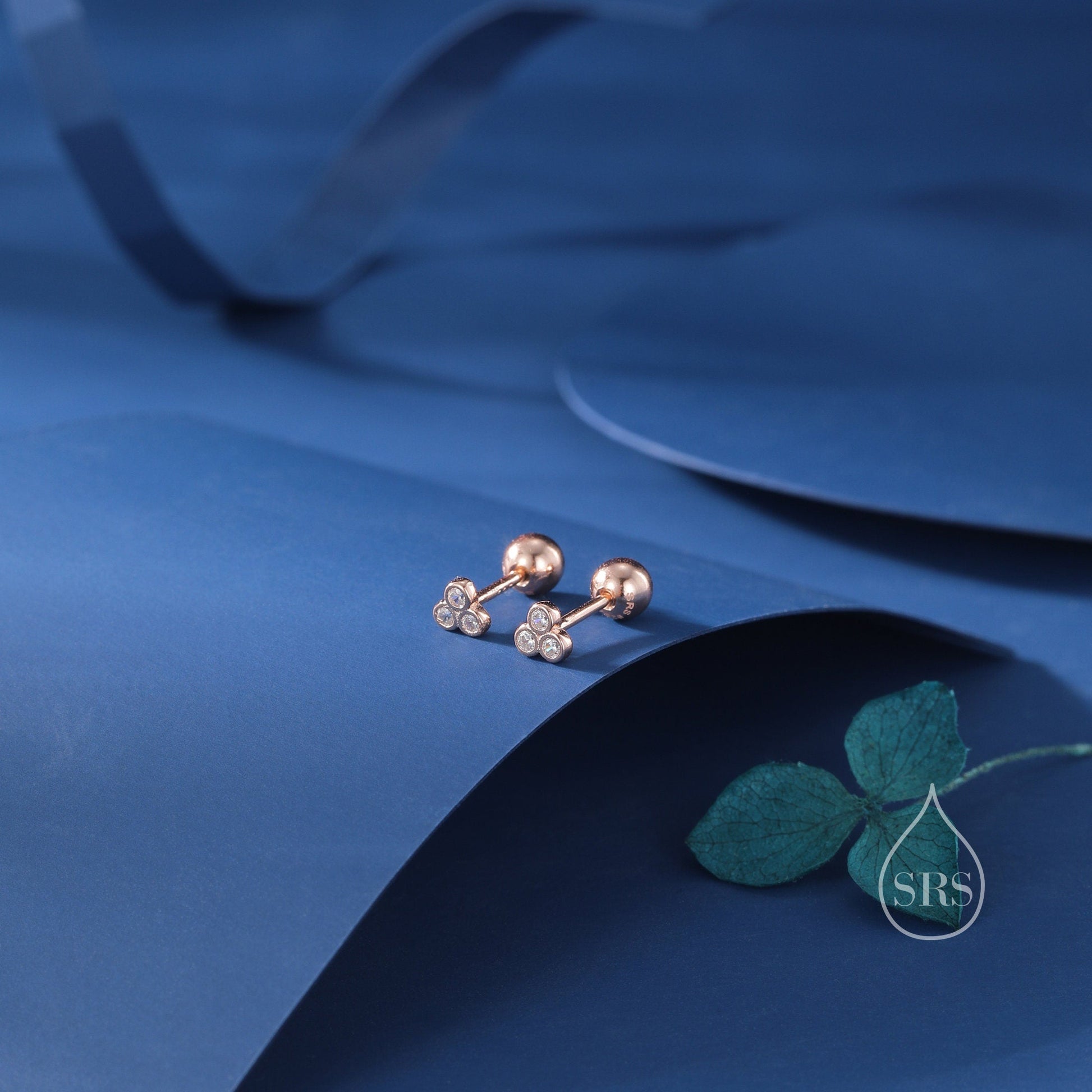 Very Tiny Three CZ Internally Flat Back /Stud Earrings / Screw Back Earrings in Sterling Silver, Silver or Gold or Rose Gold, CZ Trio Stud