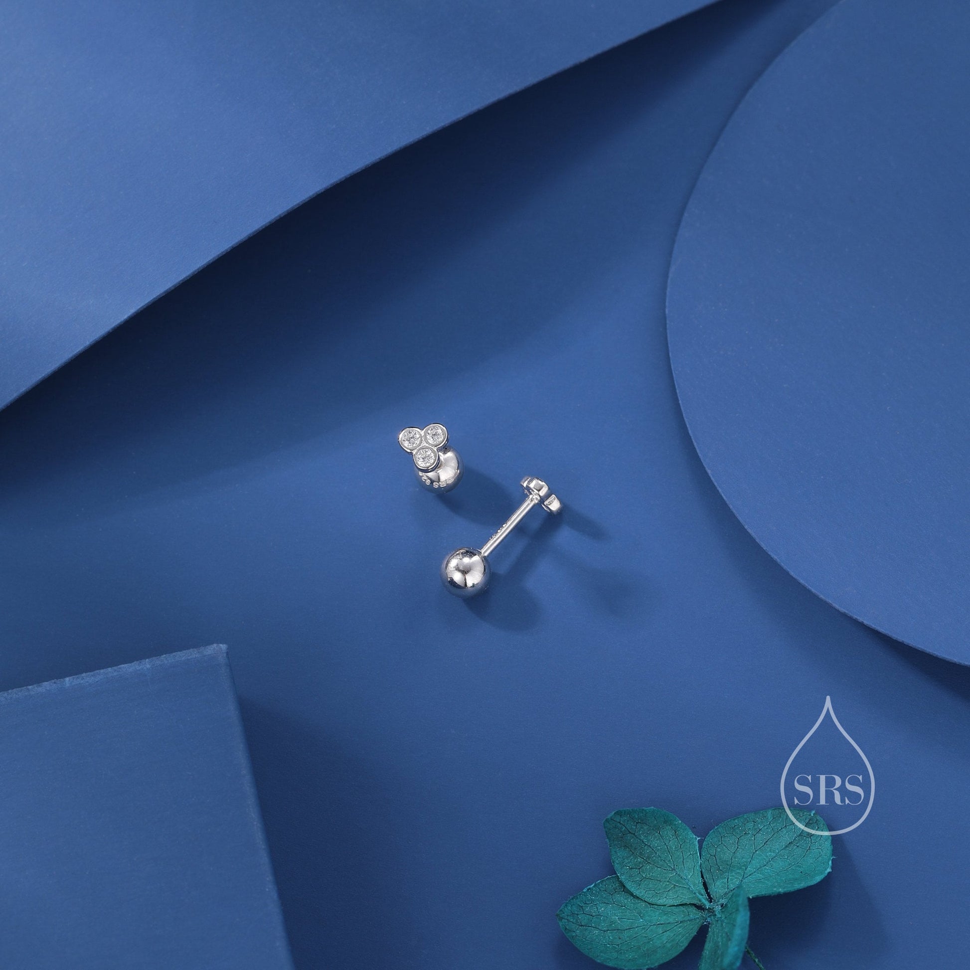 Extra Tiny Three CZ Internally Flat Back /Stud Earrings / Screw Back Earrings in Sterling Silver, Silver or Gold or Rose Gold, CZ Trio Stud