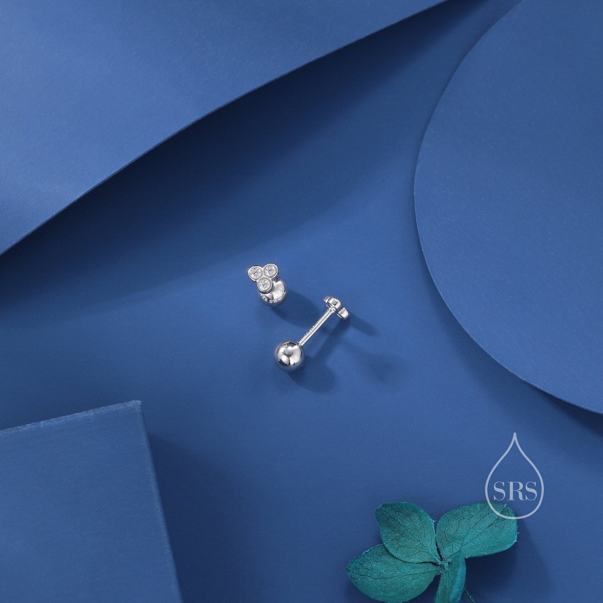 Very Tiny Three CZ Internally Flat Back /Stud Earrings / Screw Back Earrings in Sterling Silver, Silver or Gold or Rose Gold, CZ Trio Stud