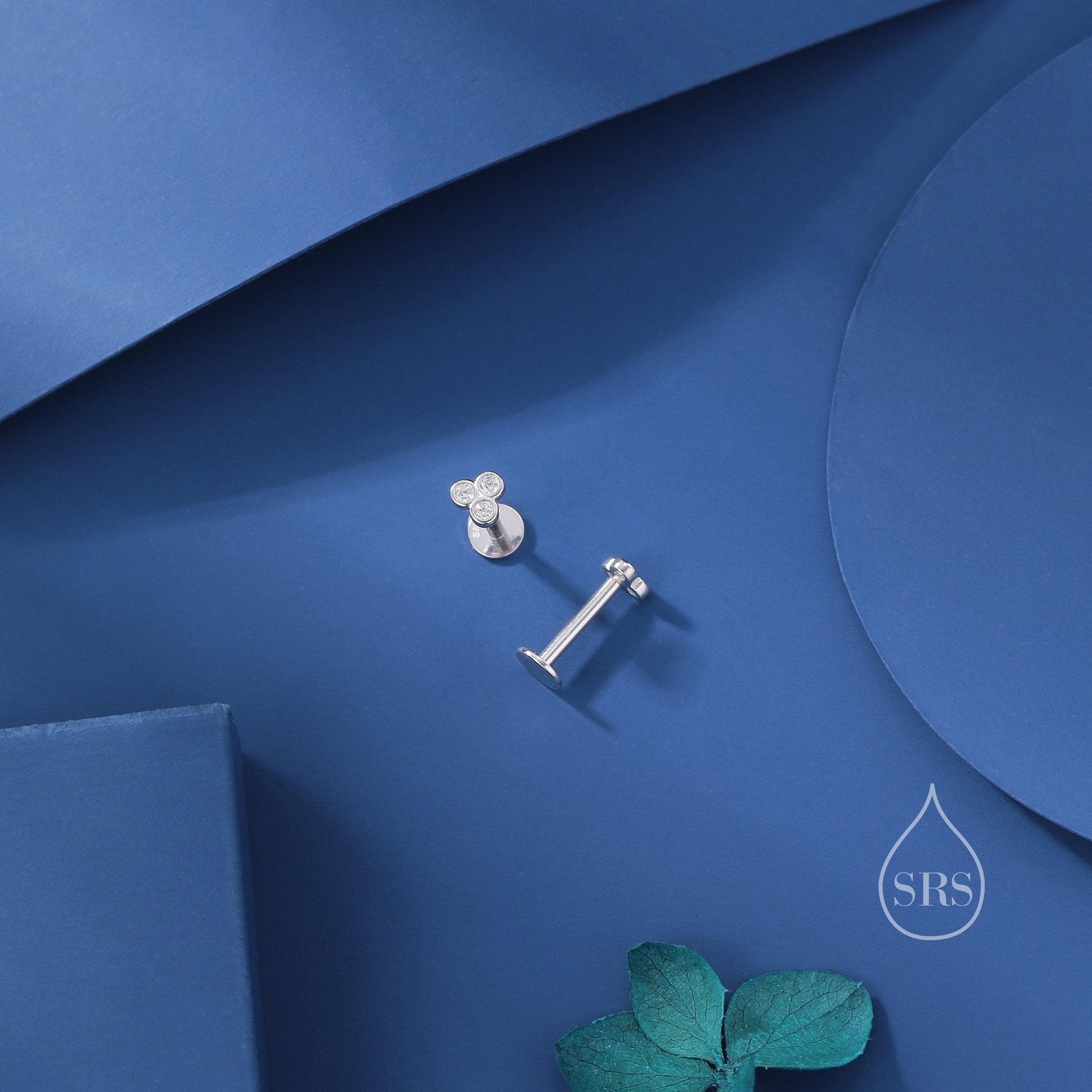 Extra Tiny Three CZ Internally Flat Back /Stud Earrings / Screw Back Earrings in Sterling Silver, Silver or Gold or Rose Gold, CZ Trio Stud