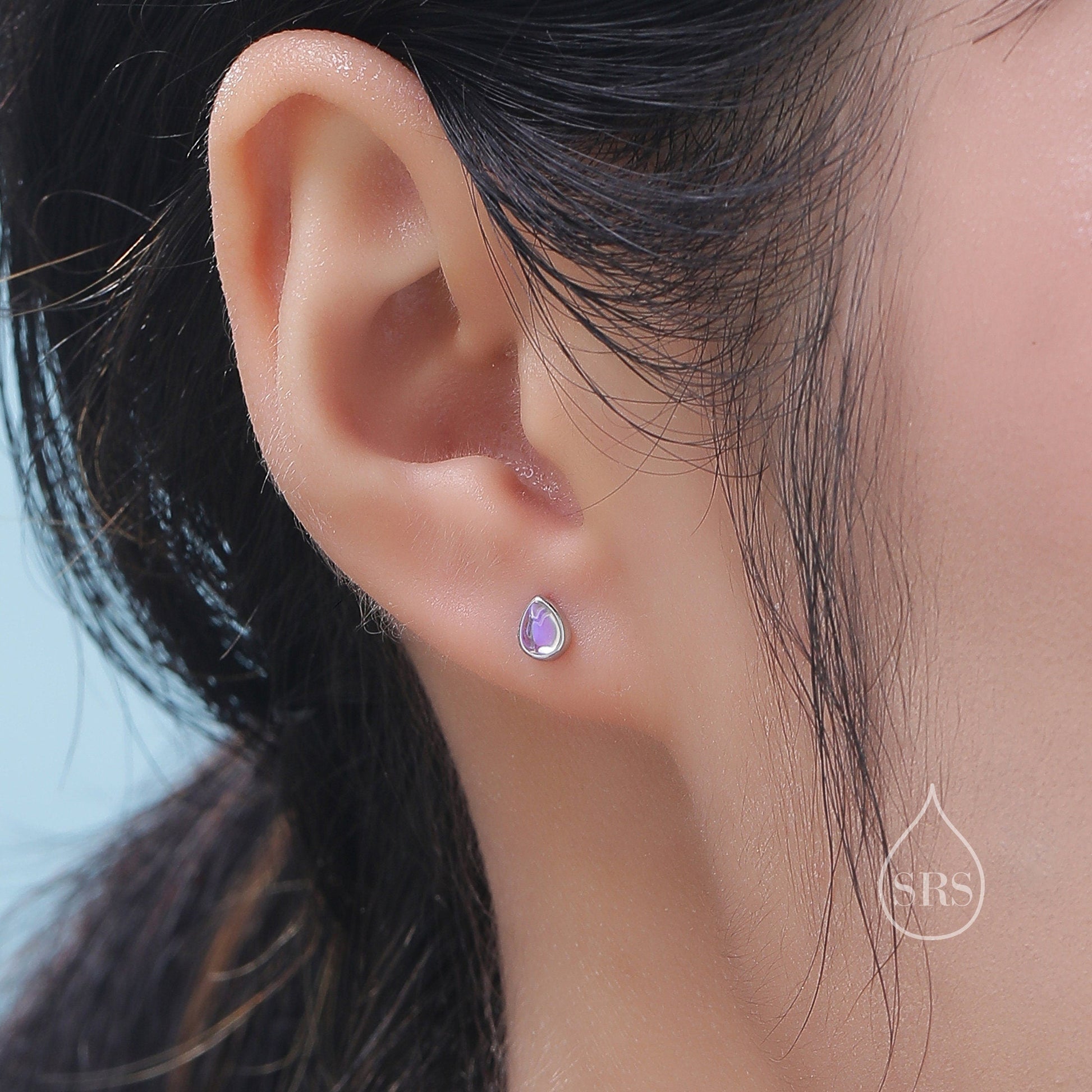 Moonstone Droplet Screw Back / Internally Threaded Flat Back Earrings in Sterling Silver, Silver or Gold or Rose Gold, Lab Moonstone
