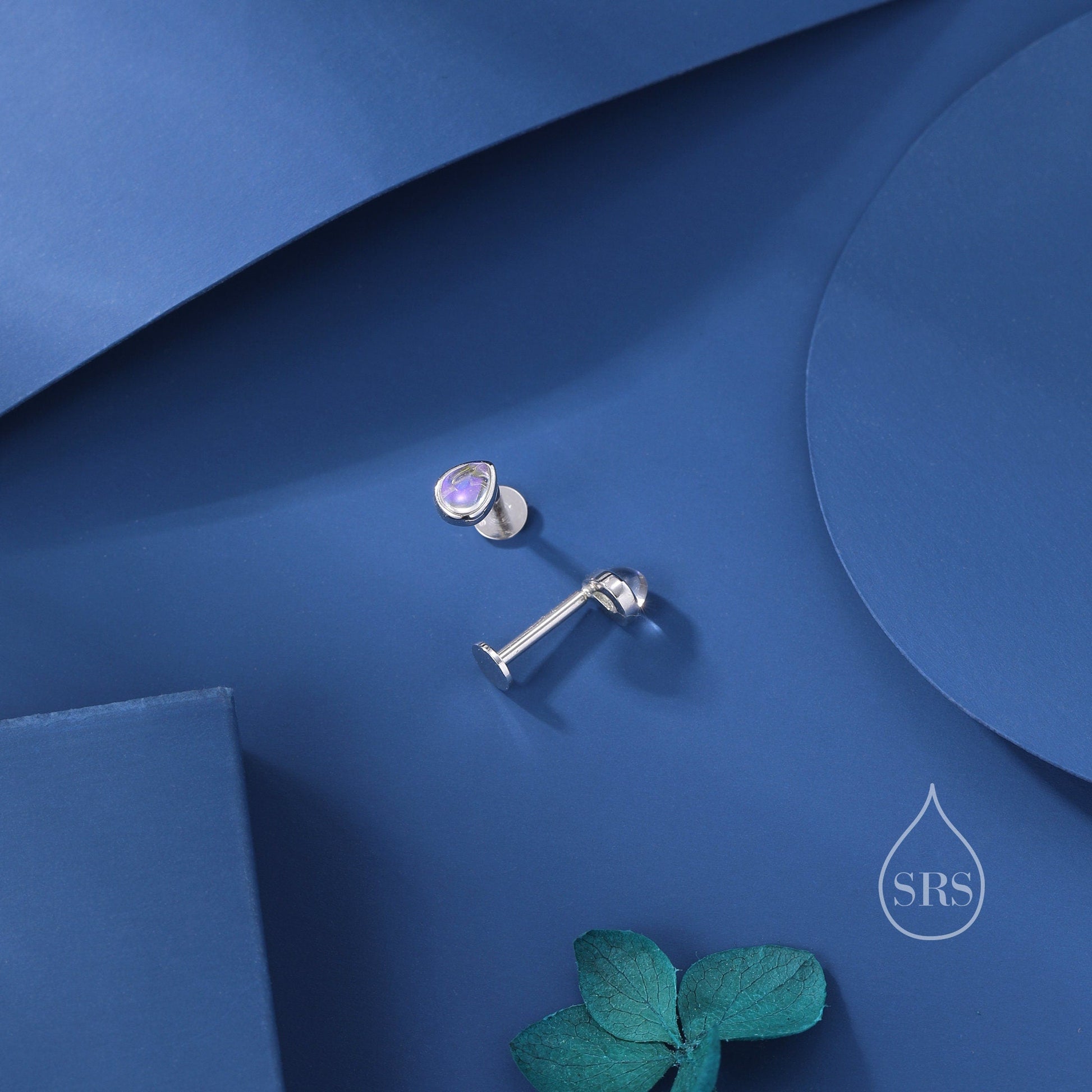 Moonstone Droplet Screw Back / Internally Threaded Flat Back Earrings in Sterling Silver, Silver or Gold or Rose Gold, Lab Moonstone
