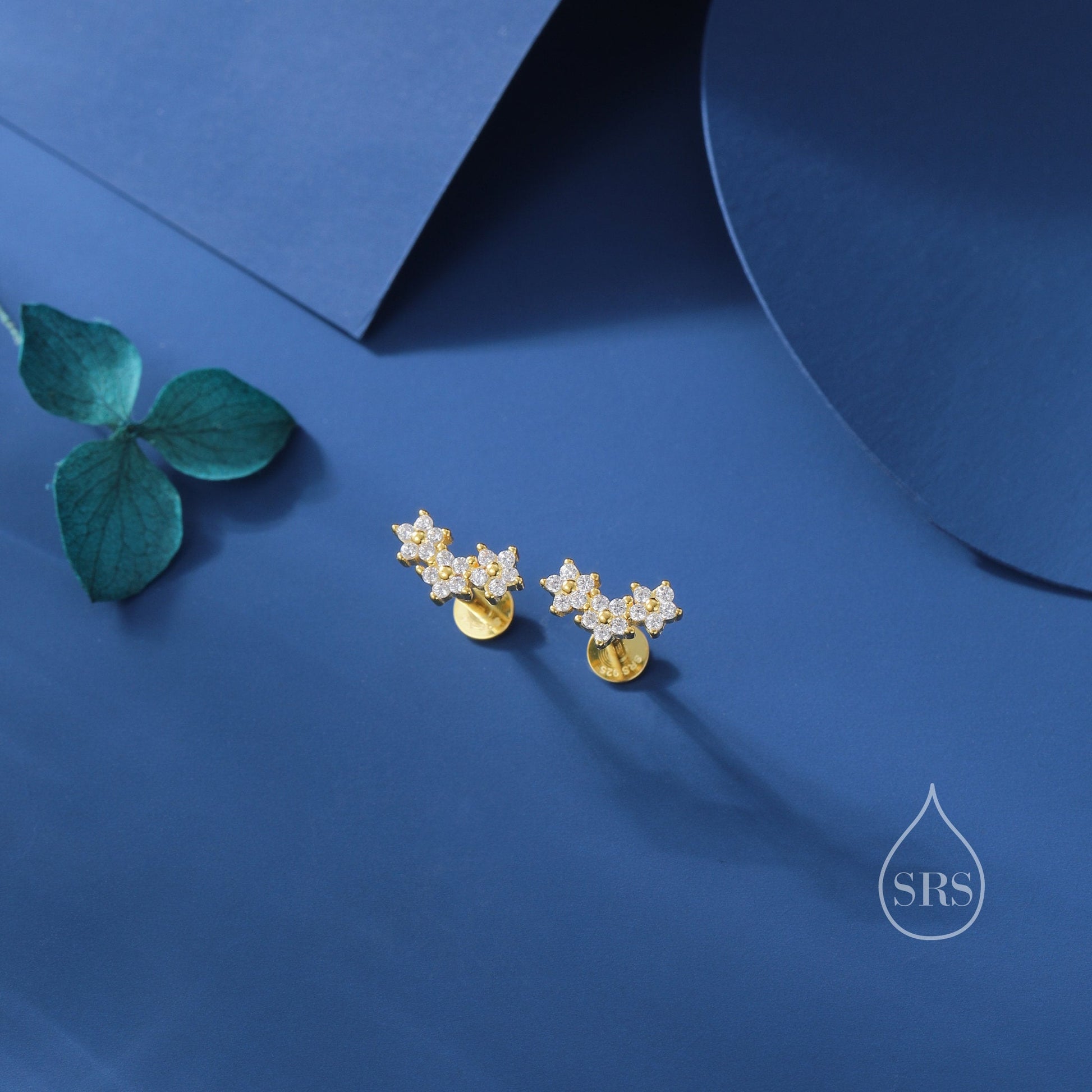 CZ Forget Me Not Internally Threaded Flat Back/ Screw Back/ Stud Earrings in Sterling Silver, Silver, Gold or Rose Gold, Flower Earrings