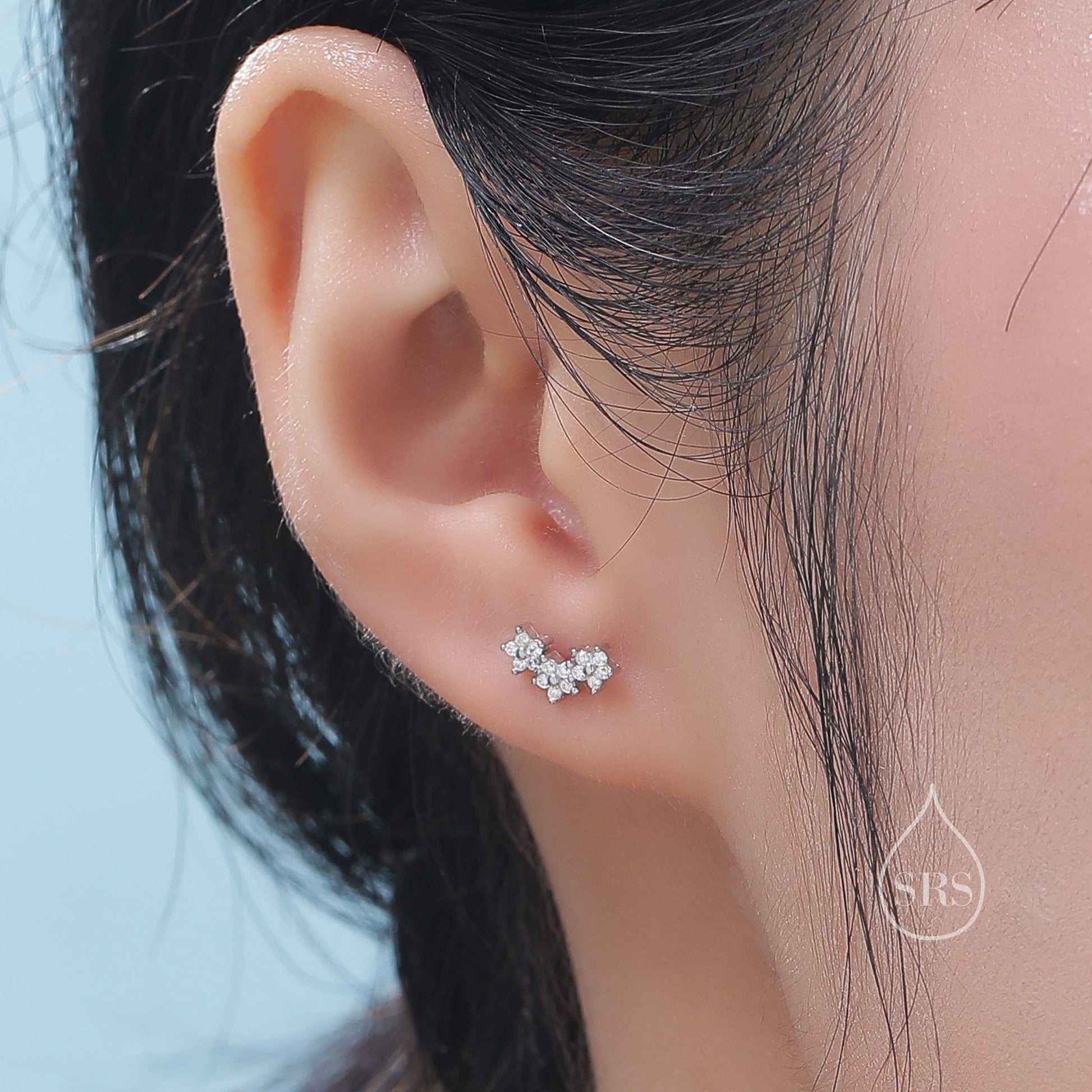 CZ Forget Me Not Internally Threaded Flat Back/ Screw Back/ Stud Earrings in Sterling Silver, Silver, Gold or Rose Gold, Flower Earrings