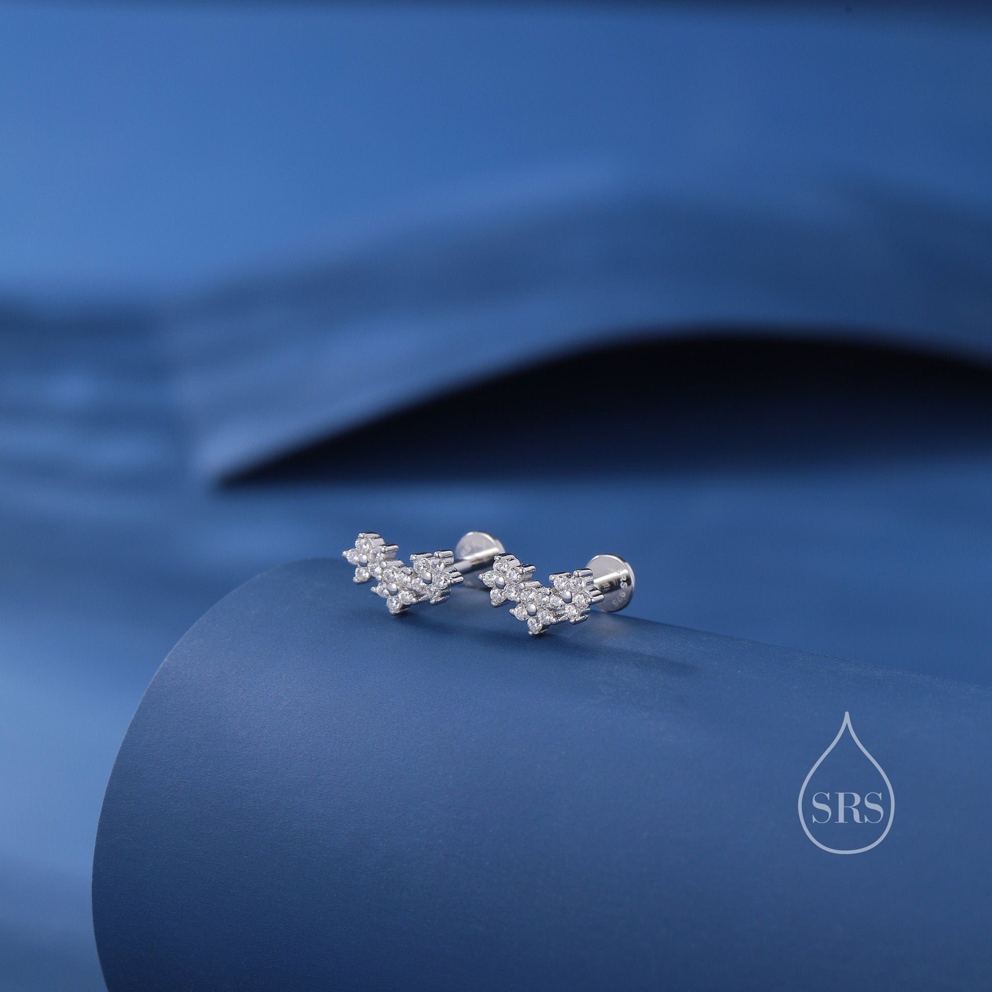 Forget Me Not CZ Internally Threaded Flat Back/ Screw Back/ Stud Earrings in Sterling Silver, Silver, Gold or Rose Gold, Flower Earrings
