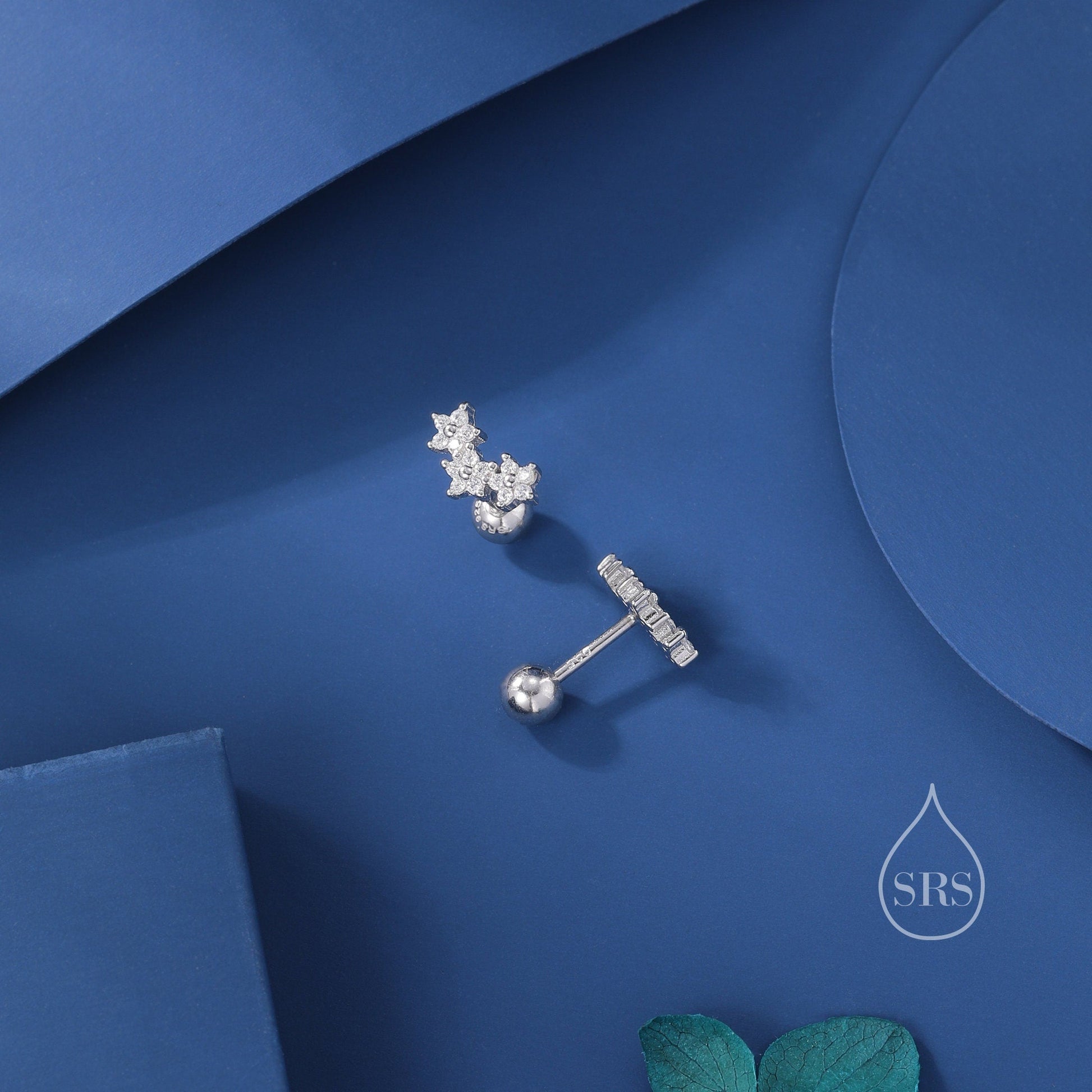 Forget Me Not CZ Internally Threaded Flat Back/ Screw Back/ Stud Earrings in Sterling Silver, Silver, Gold or Rose Gold, Flower Earrings